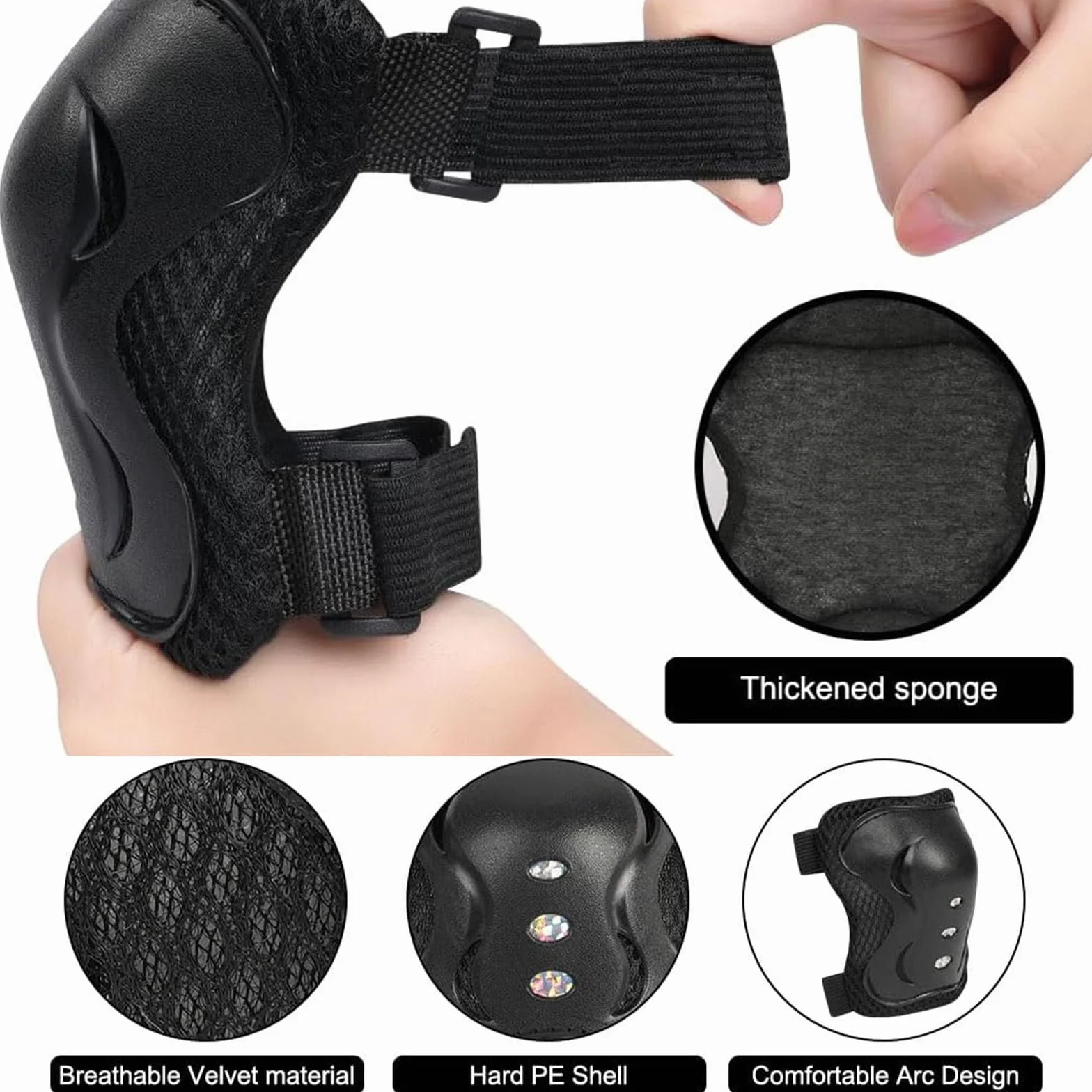 Set de Protección Infantil Negro Rodilleras Coderas Muñequeras 6 Piezas para Patines Bicicleta
