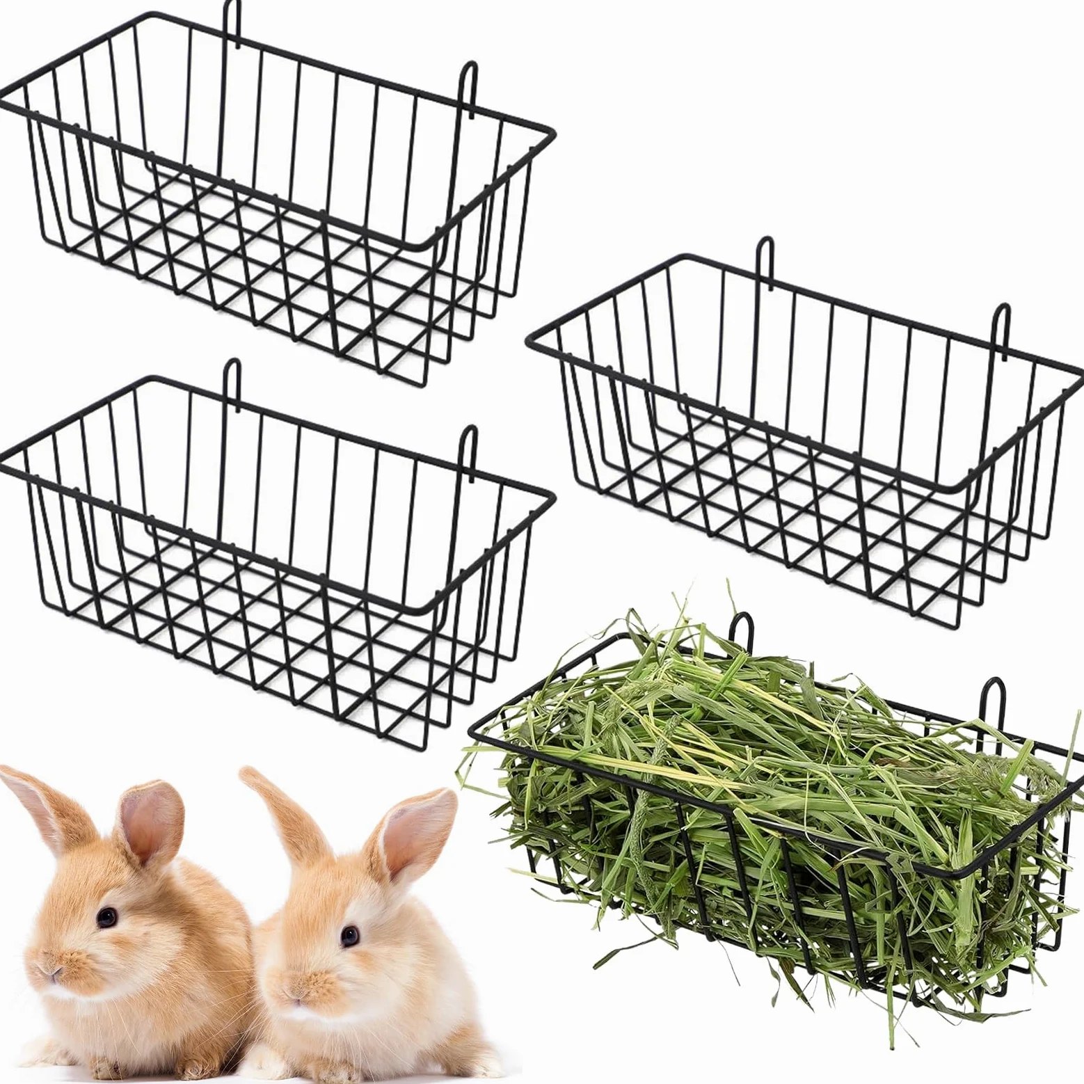 4 comederos de heno para conejos, estante de heno de metal resistente con ganchos, accesorios de jaula de animales pequeños, estante de comedero de heno con marco de metal para conejos,