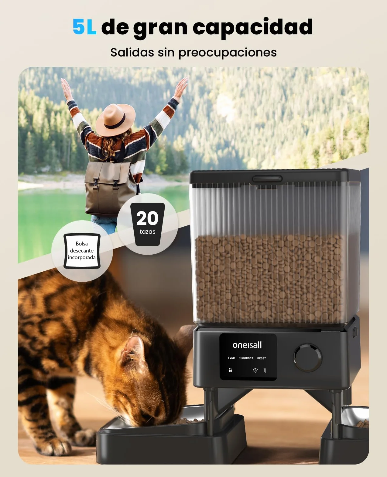oneisall 5L Comedero Automático Gato 2 Tazones, 5G/2.4G WiFi Máquina de Comida Inteligente para Gatos/Perros, fácil Operación con Control App, con 2 Tazones de Acero Inoxidable, Grabadora de Voz