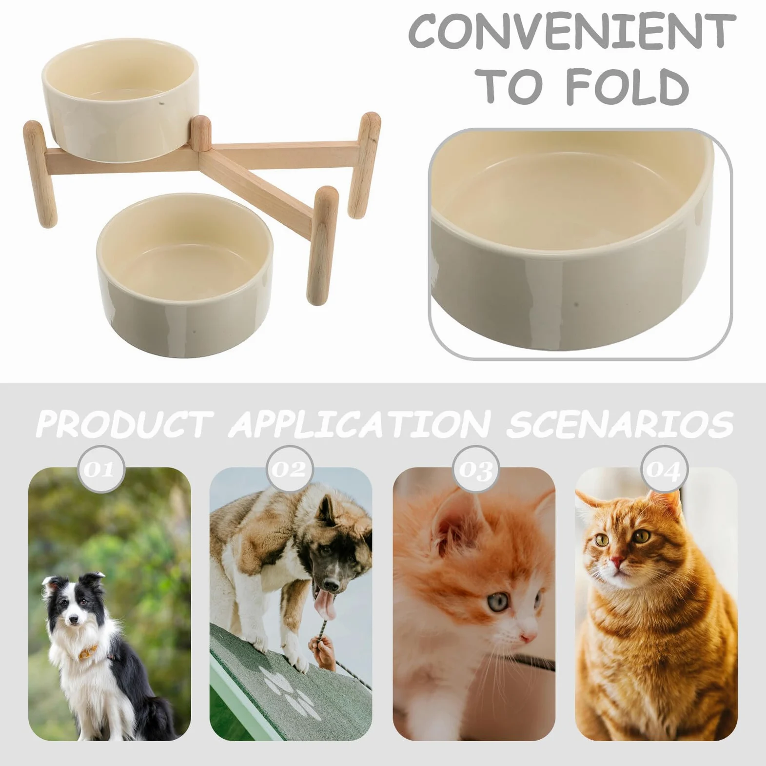Gatuida Cuencos Elevados de Cerámica para Perros y Gatos 850 Ml con Soporte de Madera Antideslizante, Doble Tazón 15,5 Cm para Comida y Agua, Cuidado del Cuello y Articulaciones, Comedero