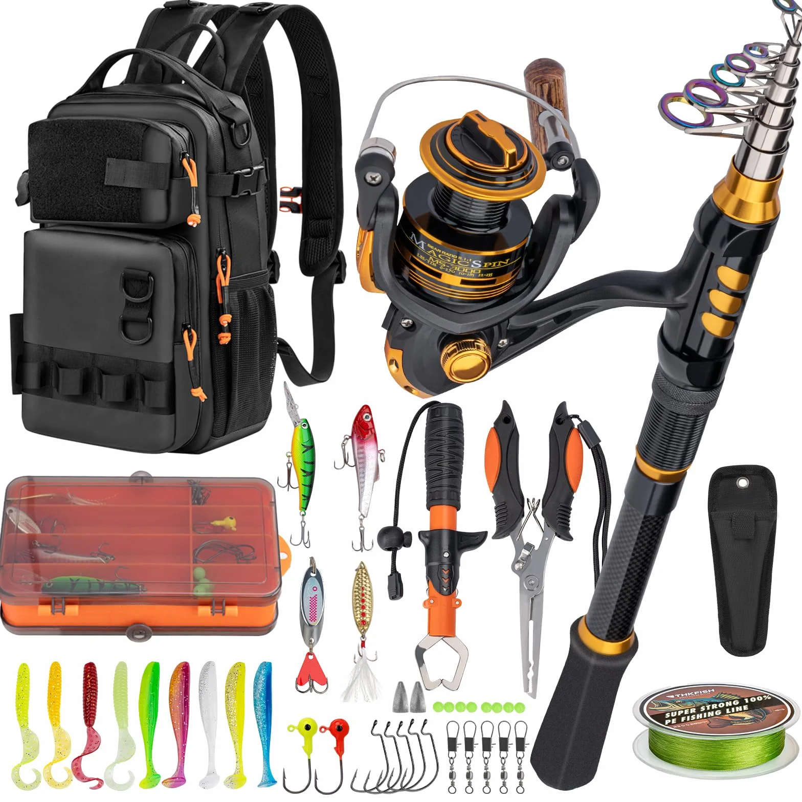 THKFISH Combo de Caña de Pescar y Carrete con Mochila, Kit Telescópico Giratorio con Señuelos, Alicates y Agarre de Labios