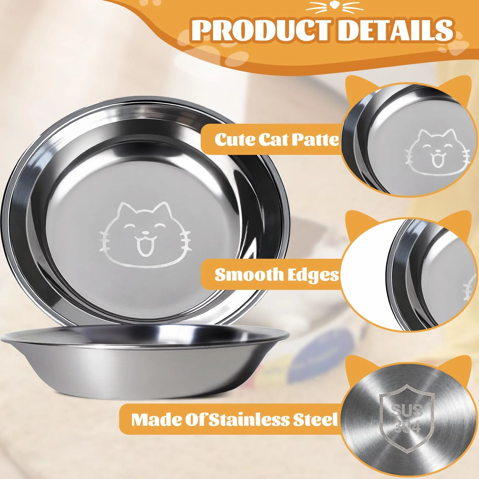 6 Piezas Cuenco para Gato Inoxidable 304, Cuenco Plano para Gatos Aliviar La Fatiga de Los Bigotes, para Alimentación de Cachorros Gatos 14,5 × 3 cm