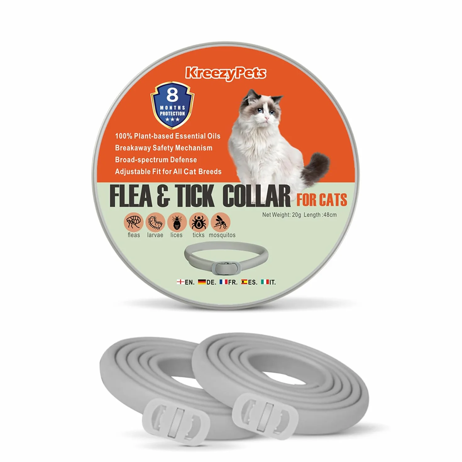 Collar Antiparasitario para Gatos – Anti Pulgas y Garrapatas – Pack de 2 Collares Ajustables con Aceites Esenciales Naturales – Protección Diaria para Gatos Pequeños y Adultos