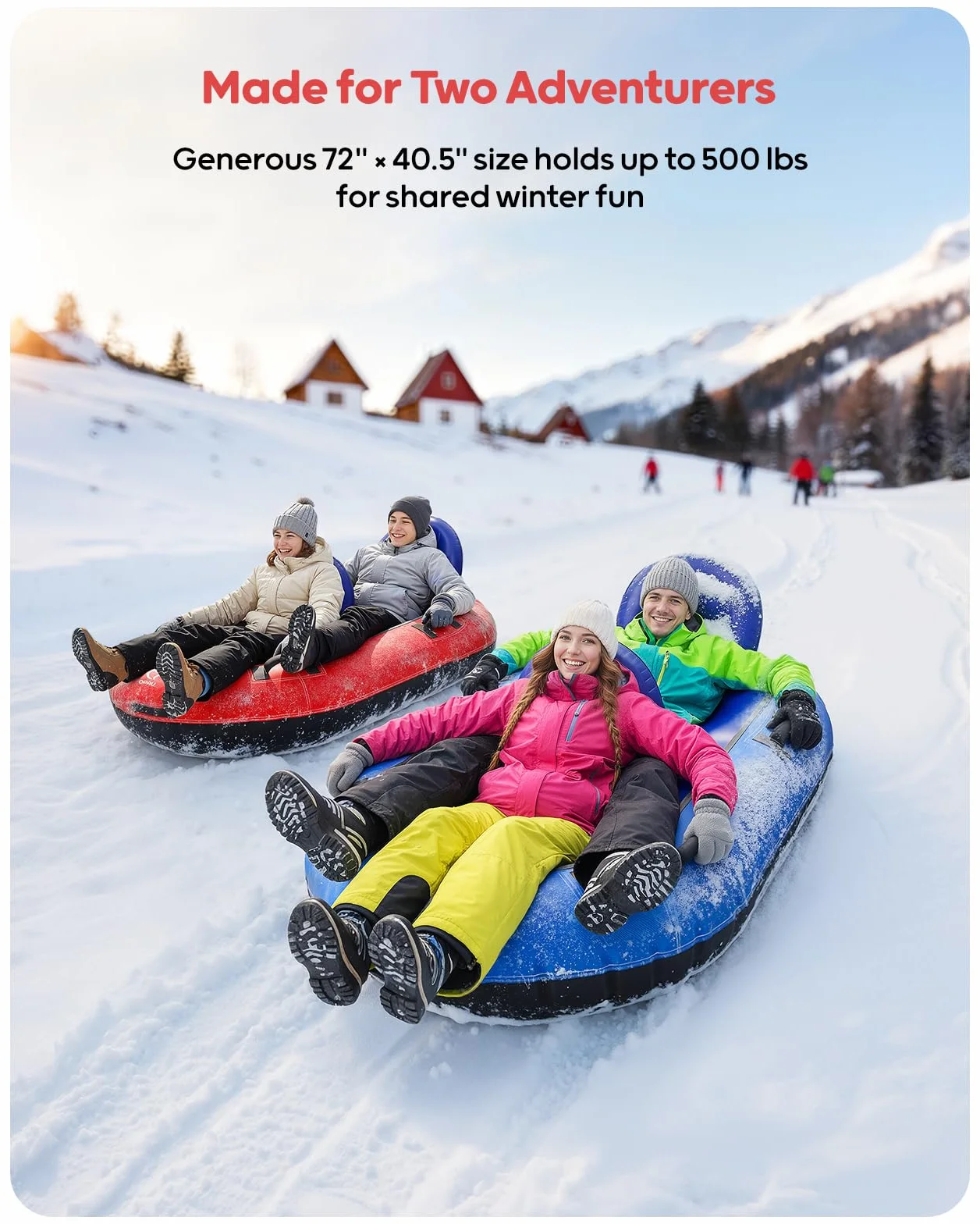 Neumático de nieve inflable para niños y adultos con dos respaldos y cuerda de tracción, asas, válvulas de soplado rápido (azul)