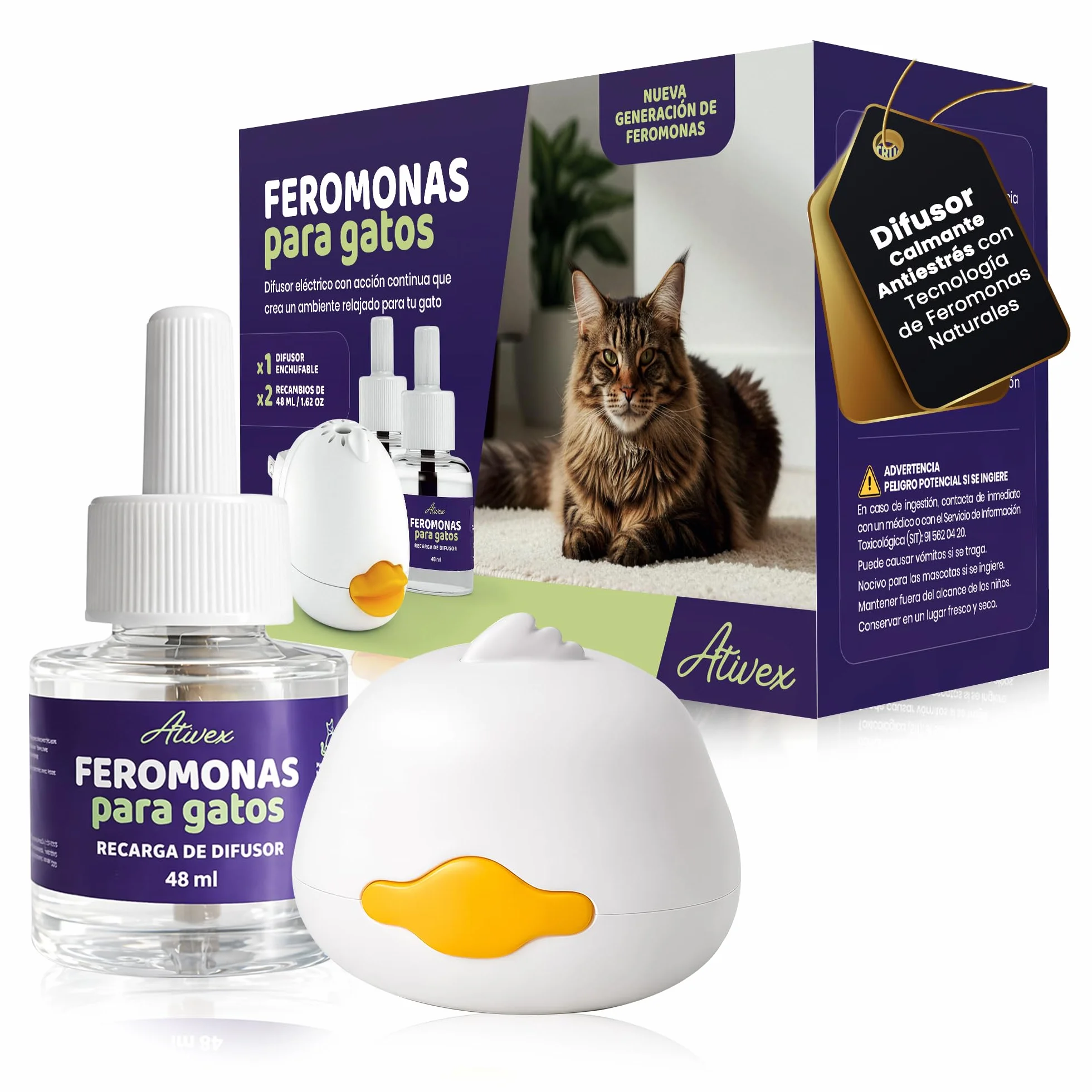 Feromonas para Gatos - Difusor + 2 Recambios (60 días, 48 ​​ml) - Ayuda a Crear Armonía y Reducir Conflictos Entre Gatos como el Estrés, Arañazos, Miedos, Cambios, Marcaje con Orina.