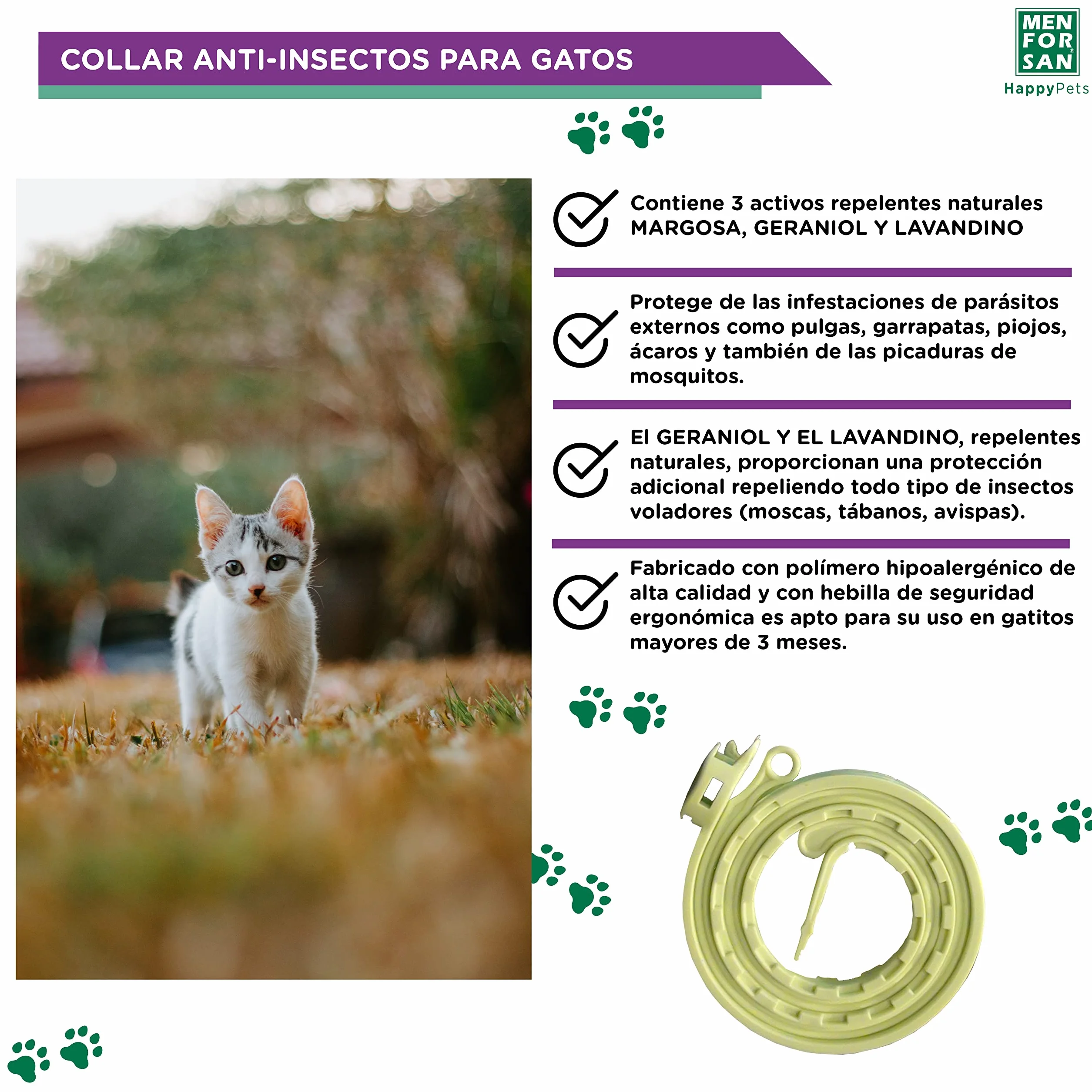 MENFORSAN Pack con 4 Collares Anti-Insectos Gatos, con Margosa, Geraniol y Lavandino, Bolsa autocierre