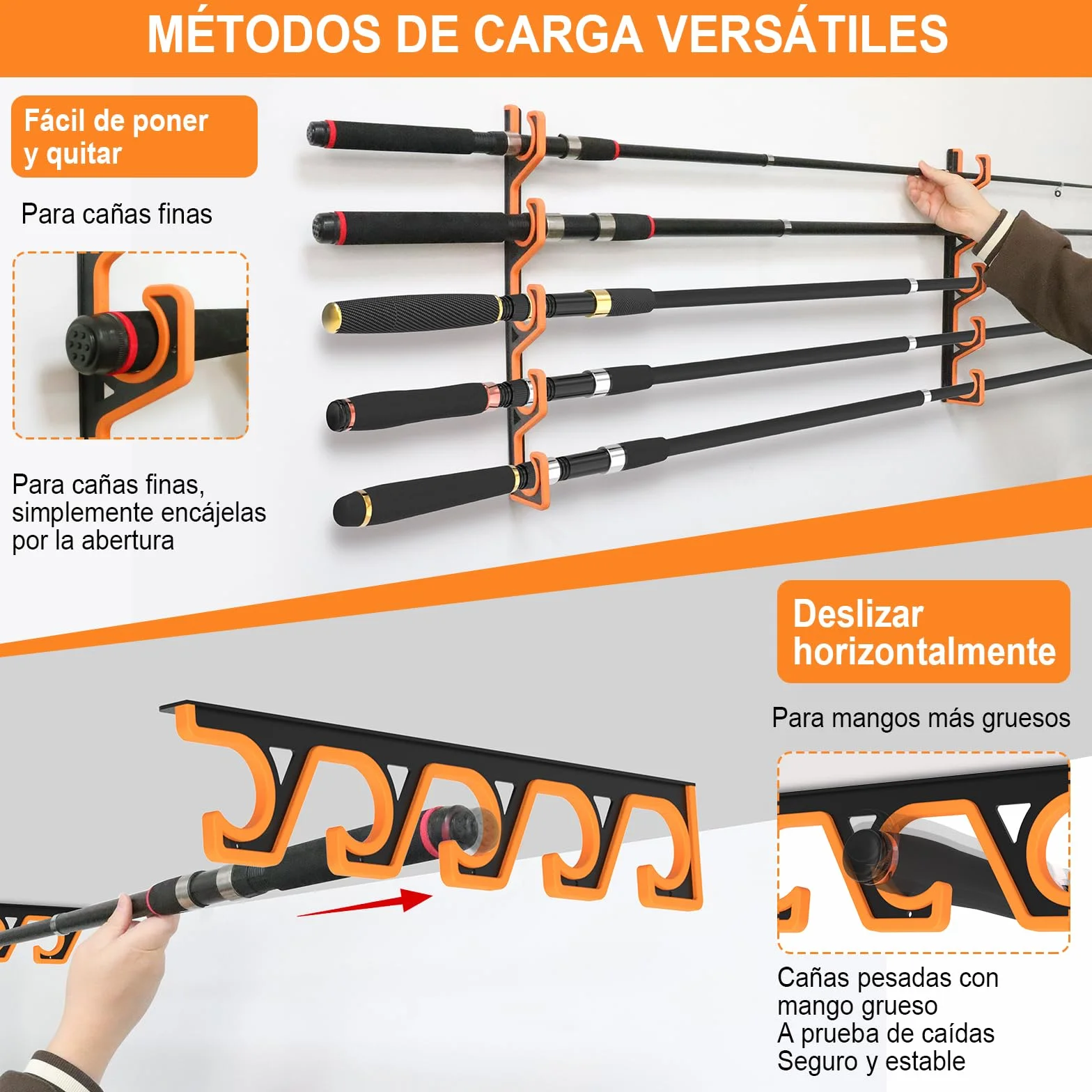 Soporte Cañas Pescar Pared Techo, Organizador Horizontal 5 Cañas, Porta Cañas Pescar Garage Goma PU, Estante Antiarañazos Negro Amarillo