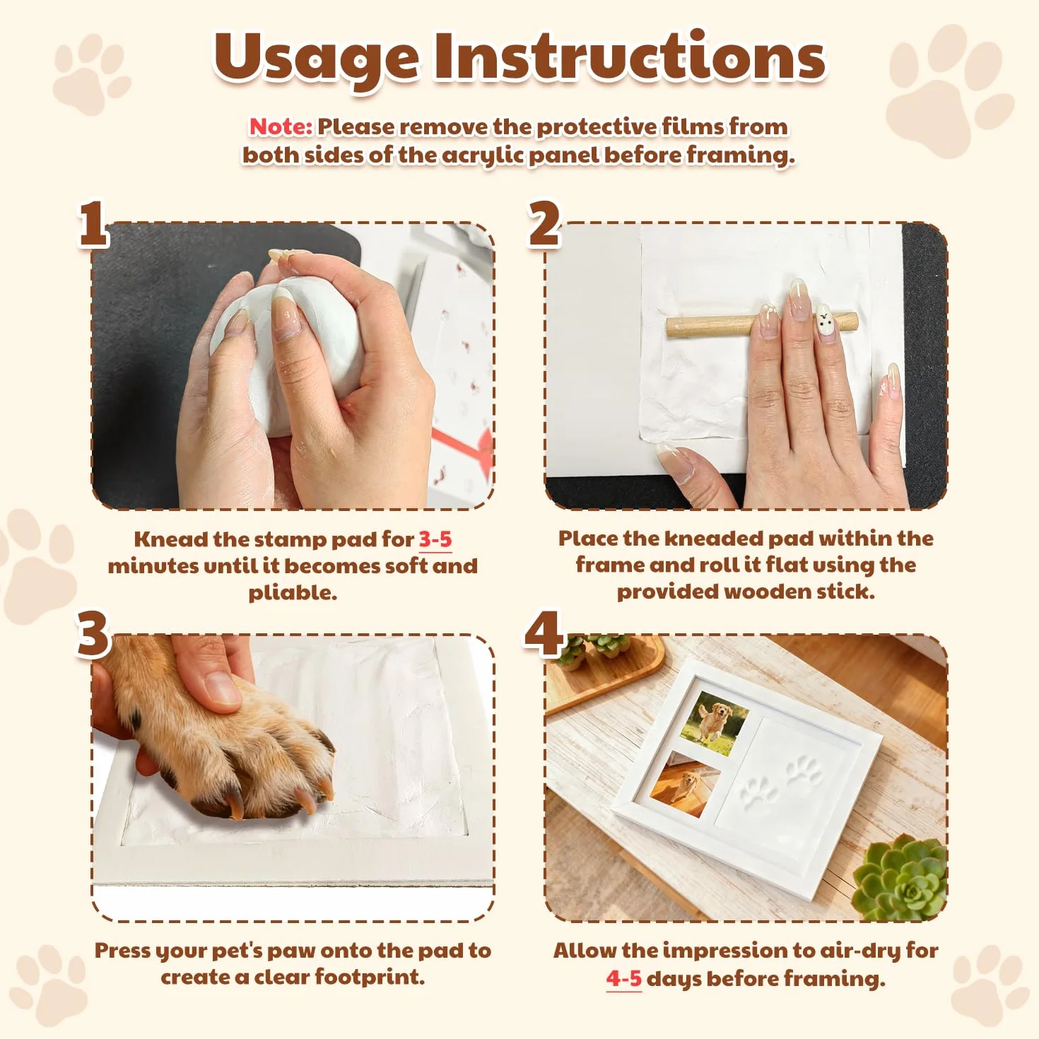 Kit de Huellas para Patas de Perro y Gato, Marco de Fotos con Huella de Arcilla, Kit de Huellas de Manos y Pies de Bebé, Marco Conmemorativo de Mascotas para Recién Nacidos, Perros y Gatos, Blanco