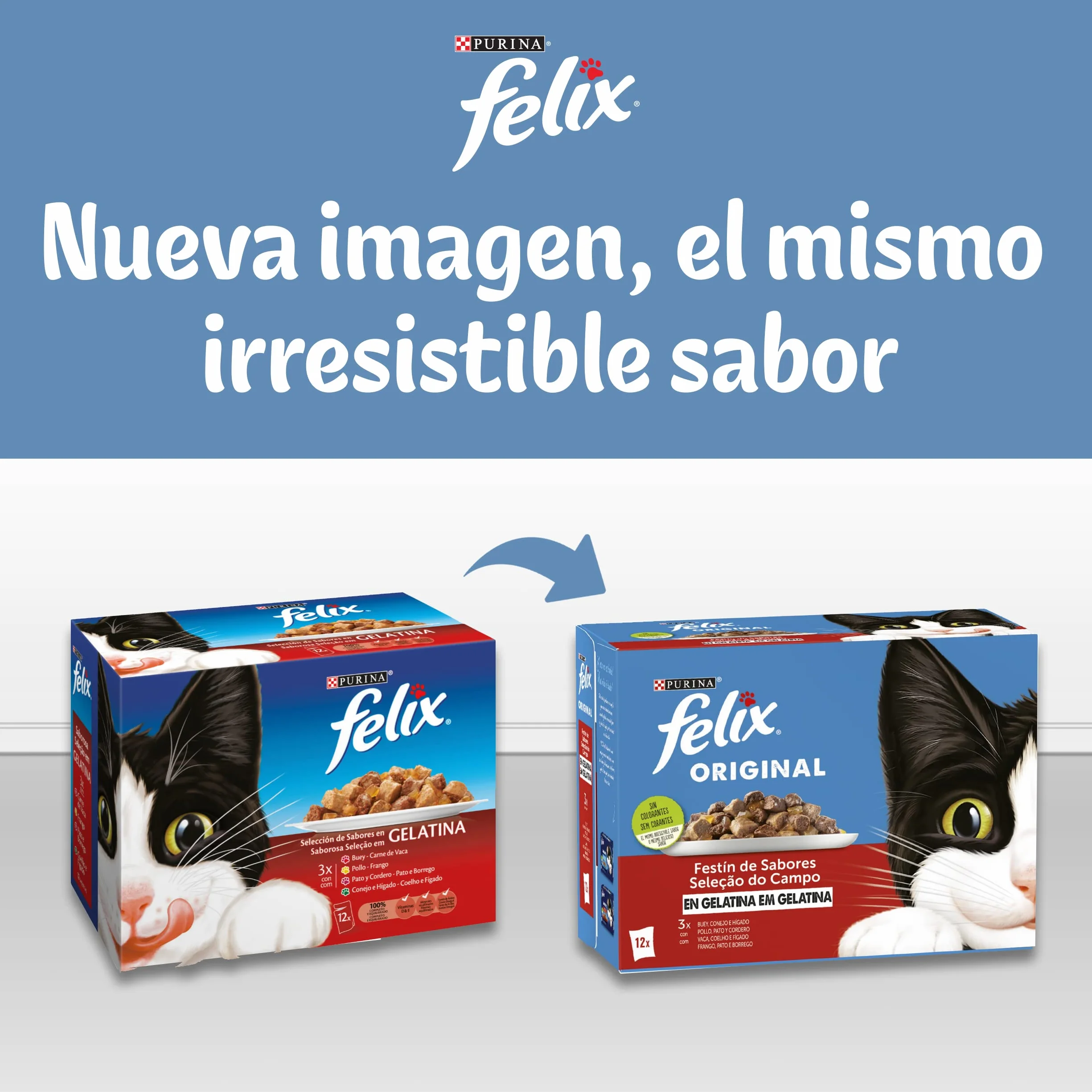 FELIX Original, Comida Húmeda para Gato Adulto, Gelatina, Surtido de Pollo y Buey, 12 Packs de 4 Sobres de 85 g. (48 Sobres)