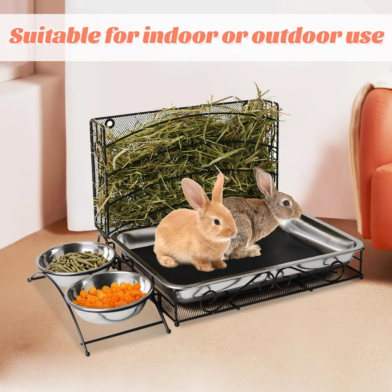 Comedero de heno 3 en 1 para conejos con caja de arena y cuencos, comedero de heno de cobayas con estante de heno de metal, caja de arena para conejos, cuenco de alimentación de animales