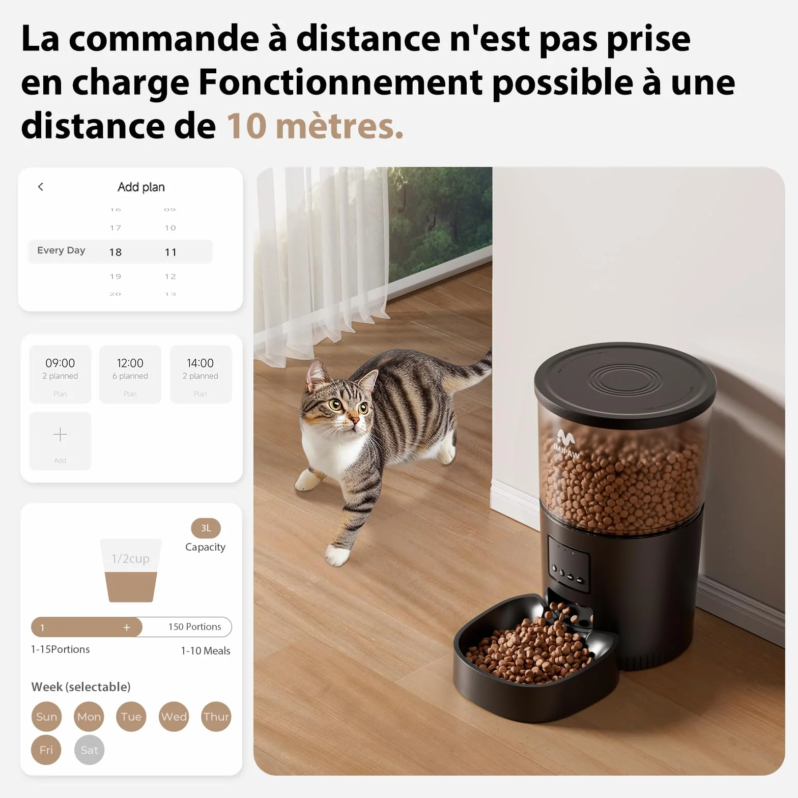 IMIPAW Comedero Gato Automático, 3L Dispensador Comida Gatos y Perros, Control de App, 1-10 Comidas al Día, Liofilizados Compatibles - El Asistente Ideal para los dueños de Mascotas