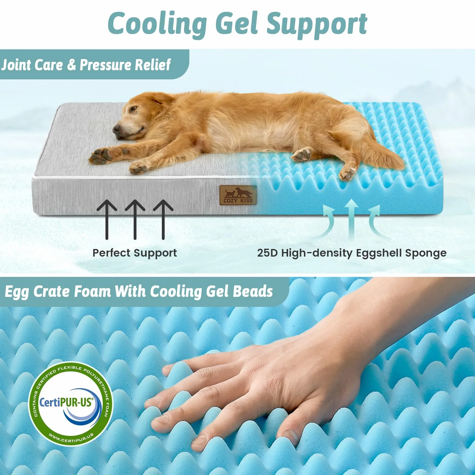 COZY KISS Cama Refrescante Perros Grandes L, Q-MAX>0.4 Cojín Ortopédico Transpirable Espuma Gel, Colchón Lavable Jaula, Funda Desmontable, Antideslizante, 91x69x7.5cm, Gris Plata