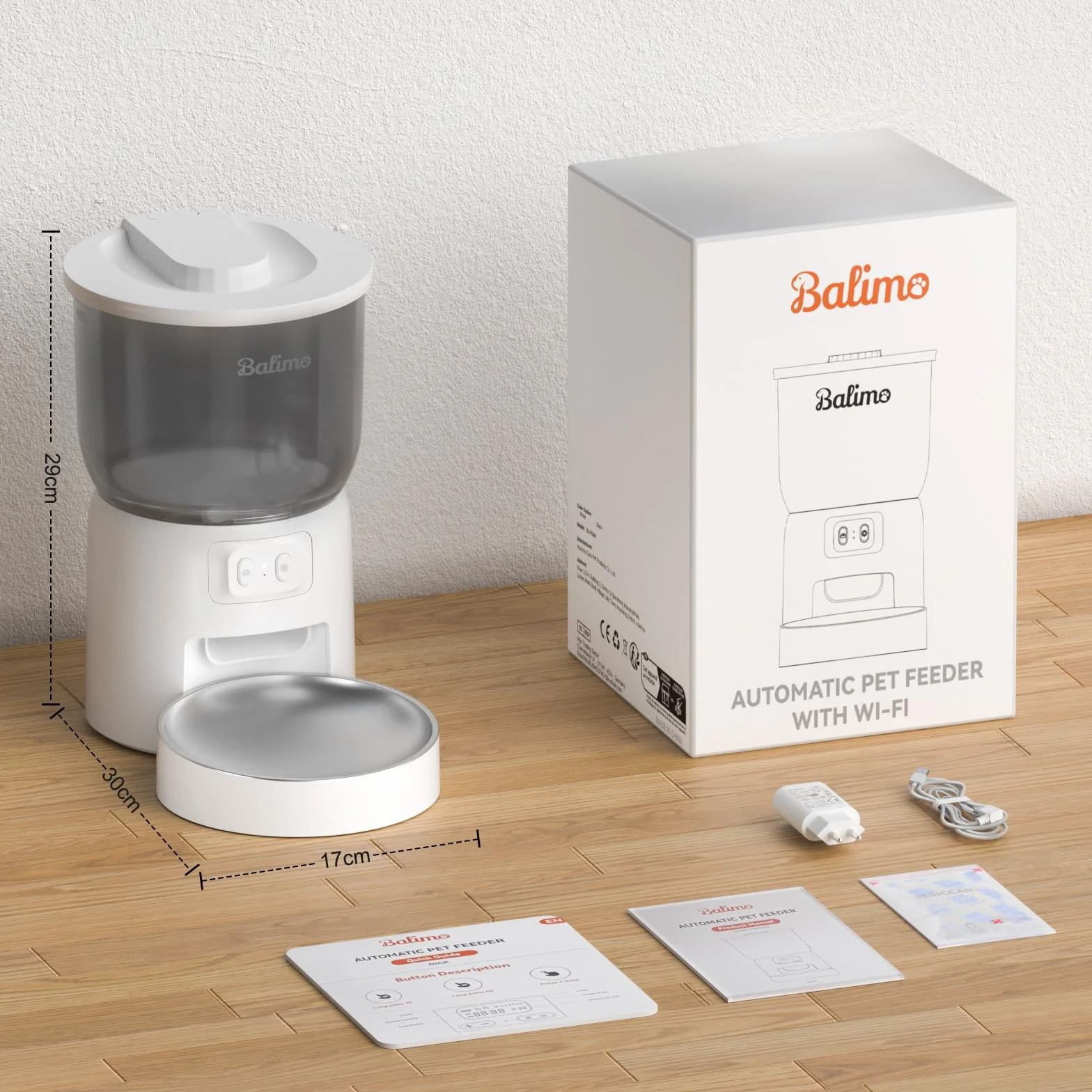 Balimo Comedero Gato Automatico 2.4G WiFi, 3L Dispensador Comida Gatos y Perros con Control de la Aplicación, 10 Comidas por Día, Cuenco de Acero Inoxidable, Blanco