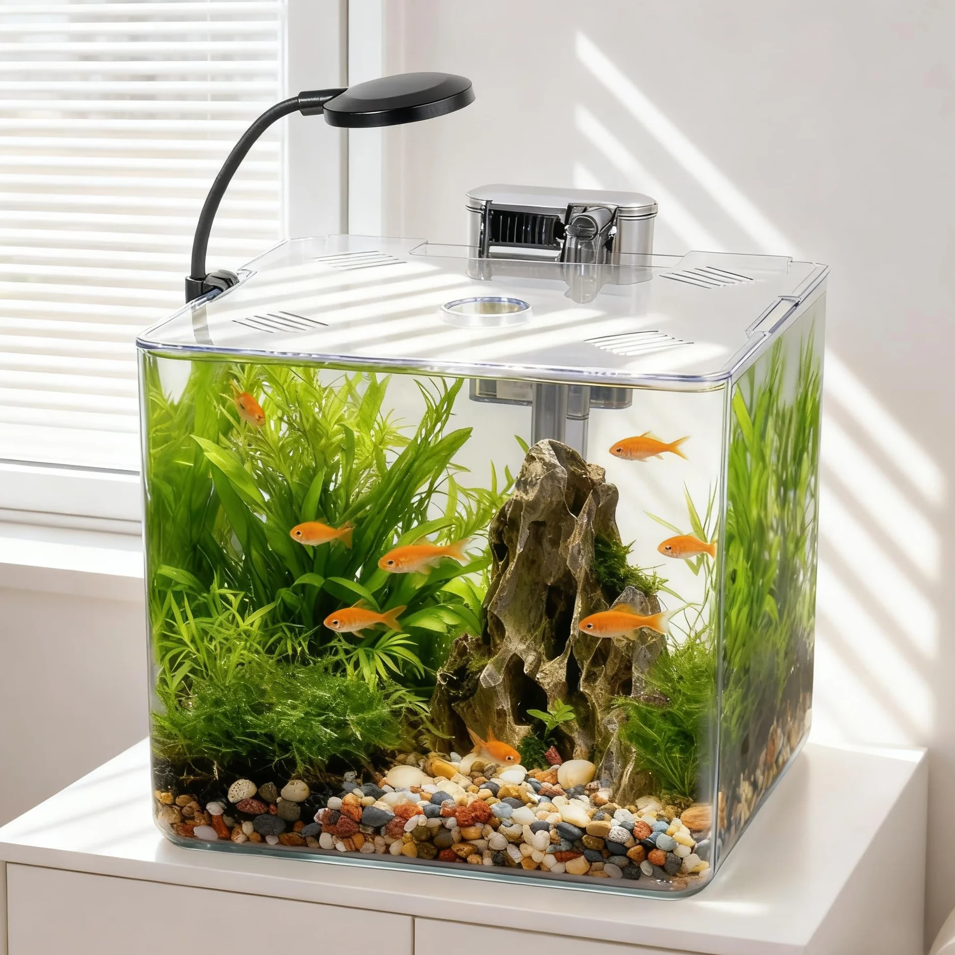 Set de acuario de 5 l para principiantes, 18 x 18 x 18 cm, mini acuario de plástico con lámpara LED y filtro USB, 5 l