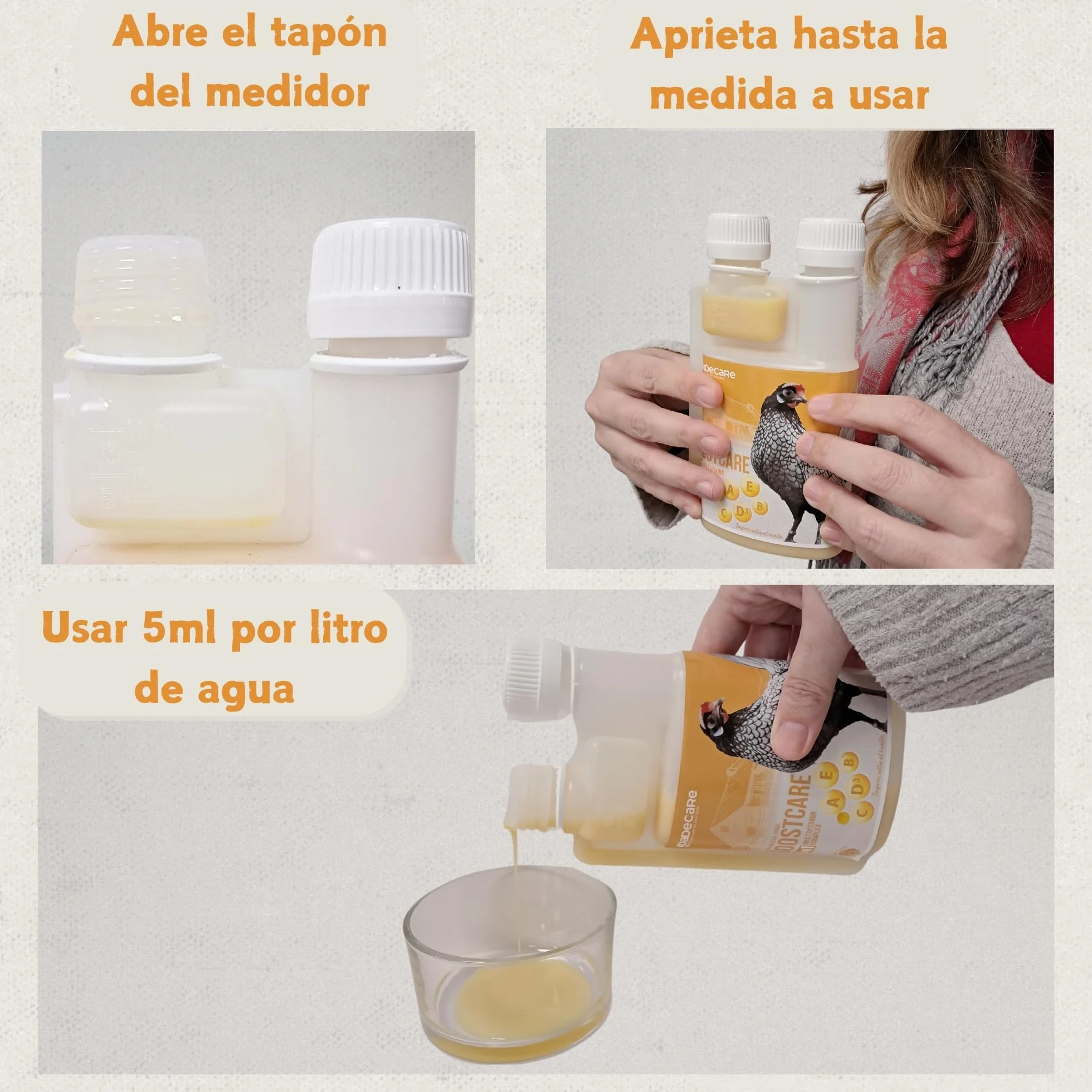 Multivitamínico 6 en 1 250ml Aves | Vitaminas A-E-D-C-B| Pienso Complementario para Bebedero Gallinas, Pollos, Palomas, Loros y Periquitos con Dosificador - Boostcare