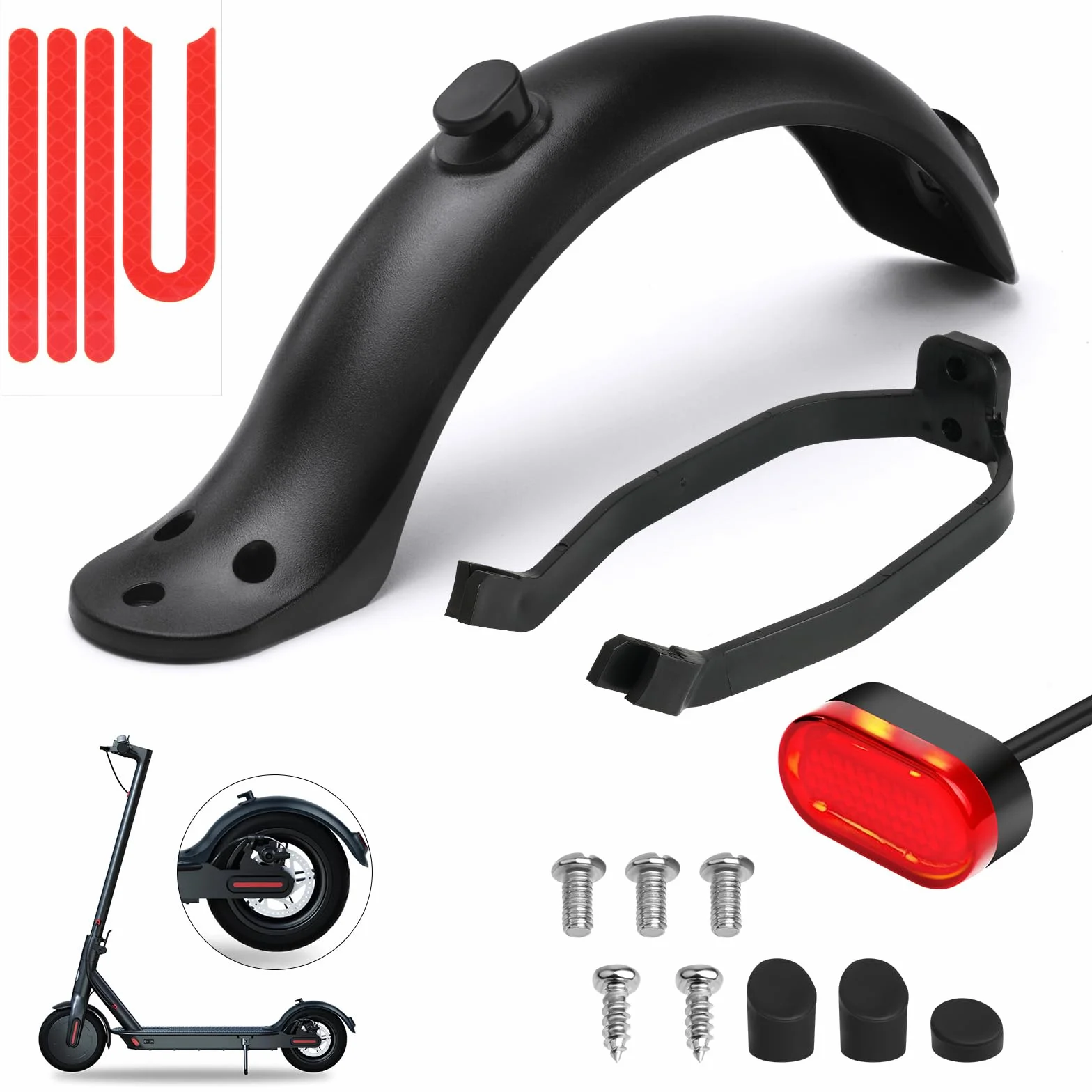 Ainiv Juego de Guardabarros Trasero Patinete con Soporte, Luz LED y Tira Reflectante