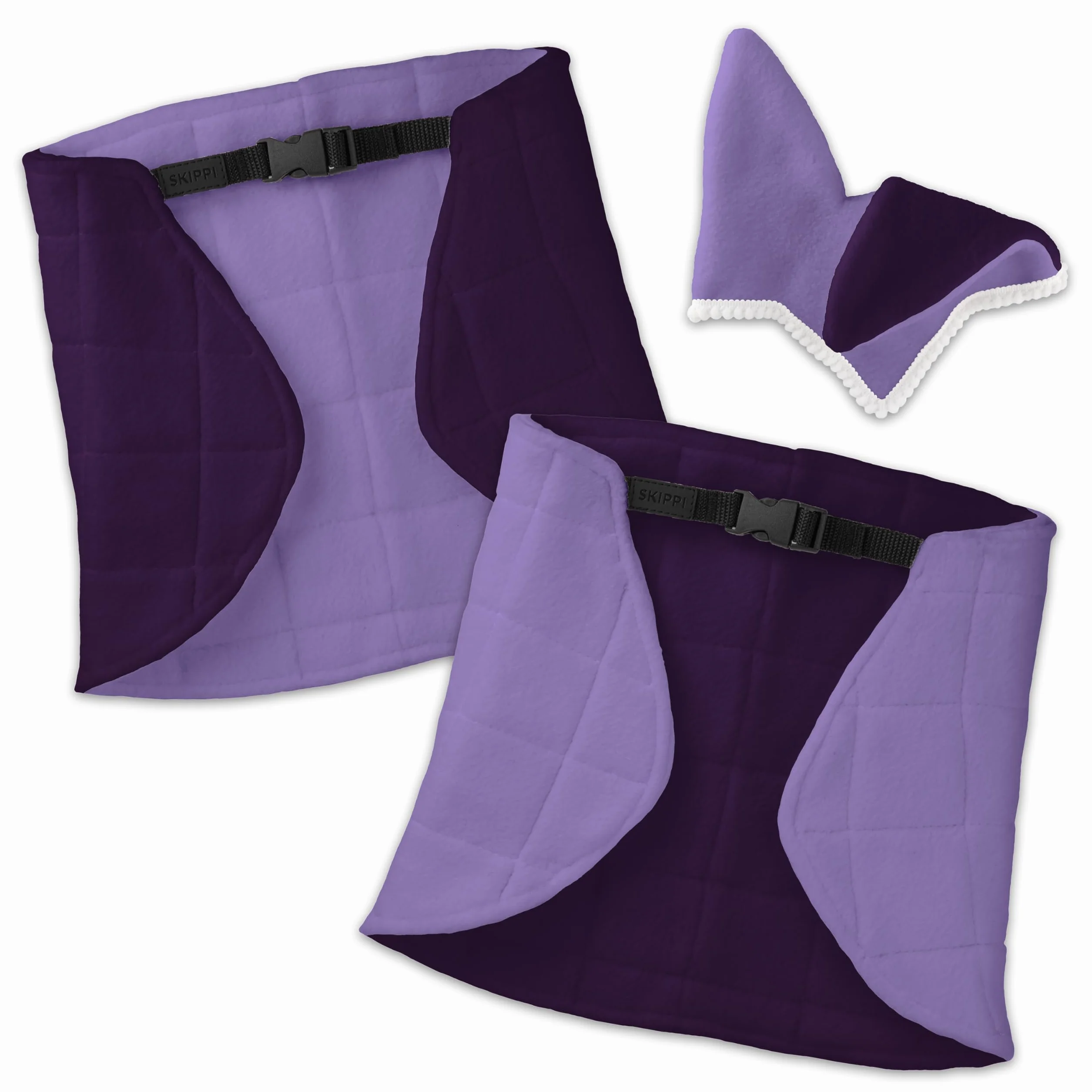 SKIPPI Manta y Orejeras para Caballo Hobby Horse – Lila y Ciruela, Hobby Horse Accesorios, Manta Reversible y Orejeras Antimoscas para Caballo de Palo, Hobby Horsing