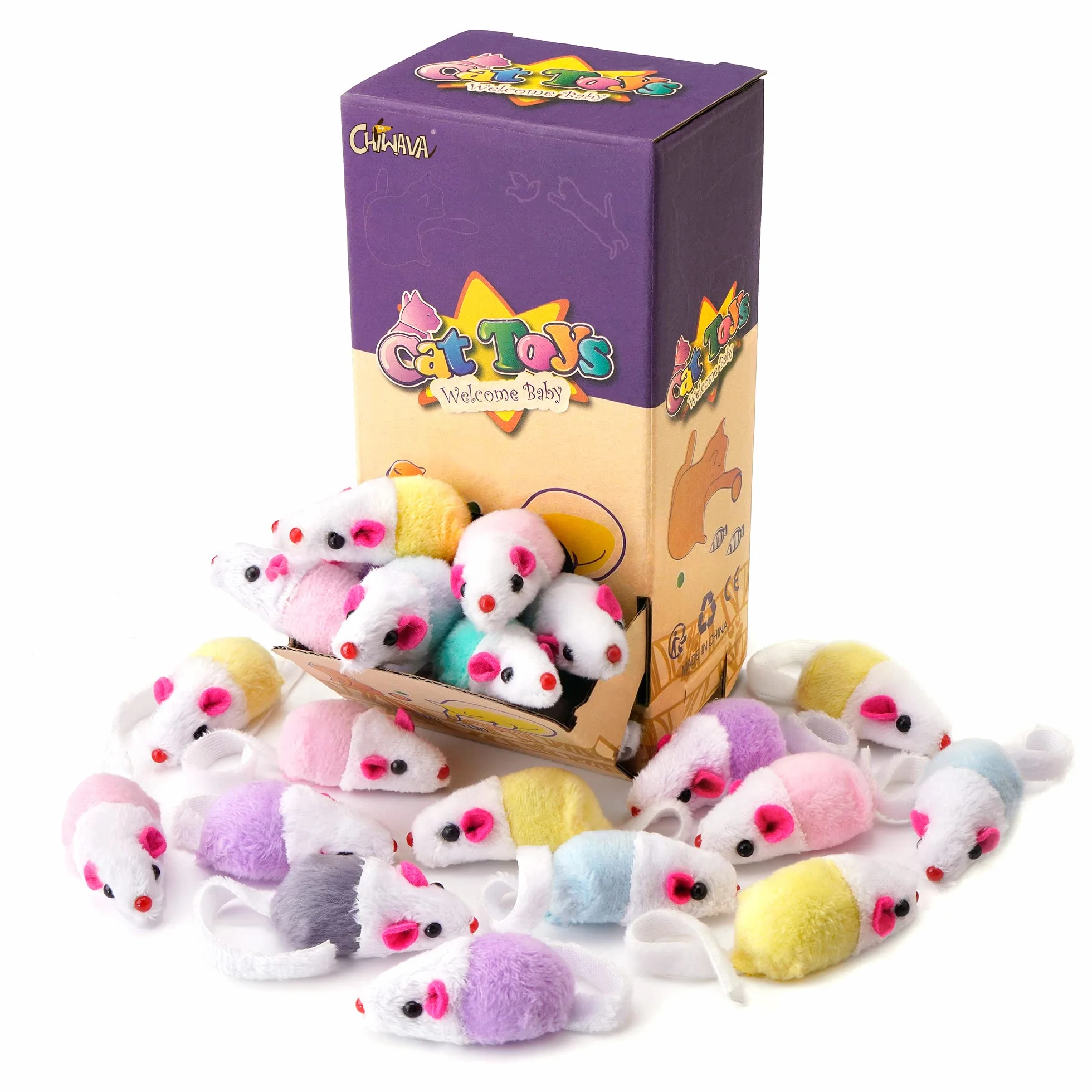 Chiwava 36 Piezas 11,5 cm Juguetes para Gatos Pequeño traqueteo Ratones Lindo Color Doble pequeño Ratón Gato Gatito Interactivo, Colores Variados