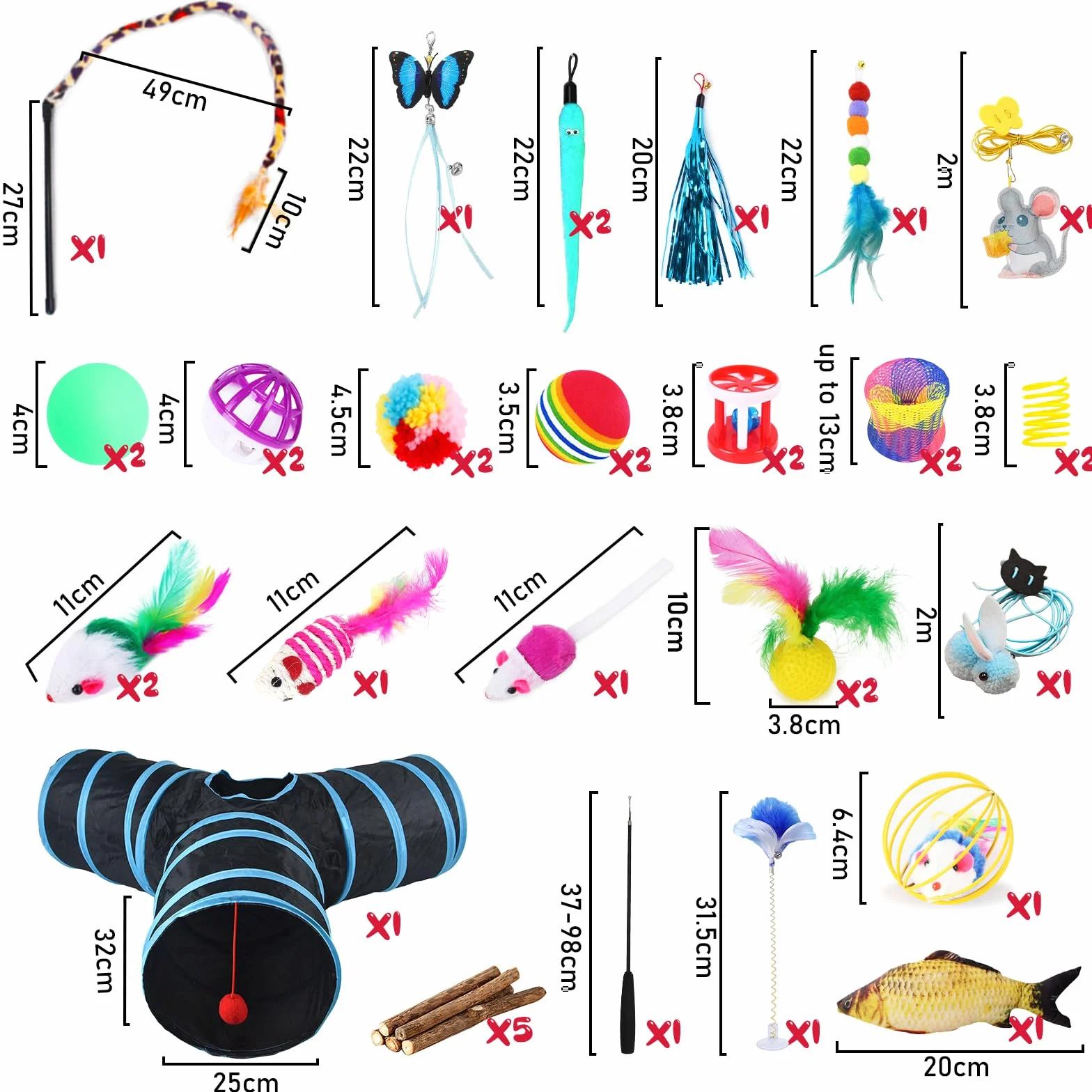 Juguetes para Gatos, 38 Piezas Set, Palo de Gato Divertido, Ratones, Hierba Gatera, Peces, Tumbler, Bolas y Campanas