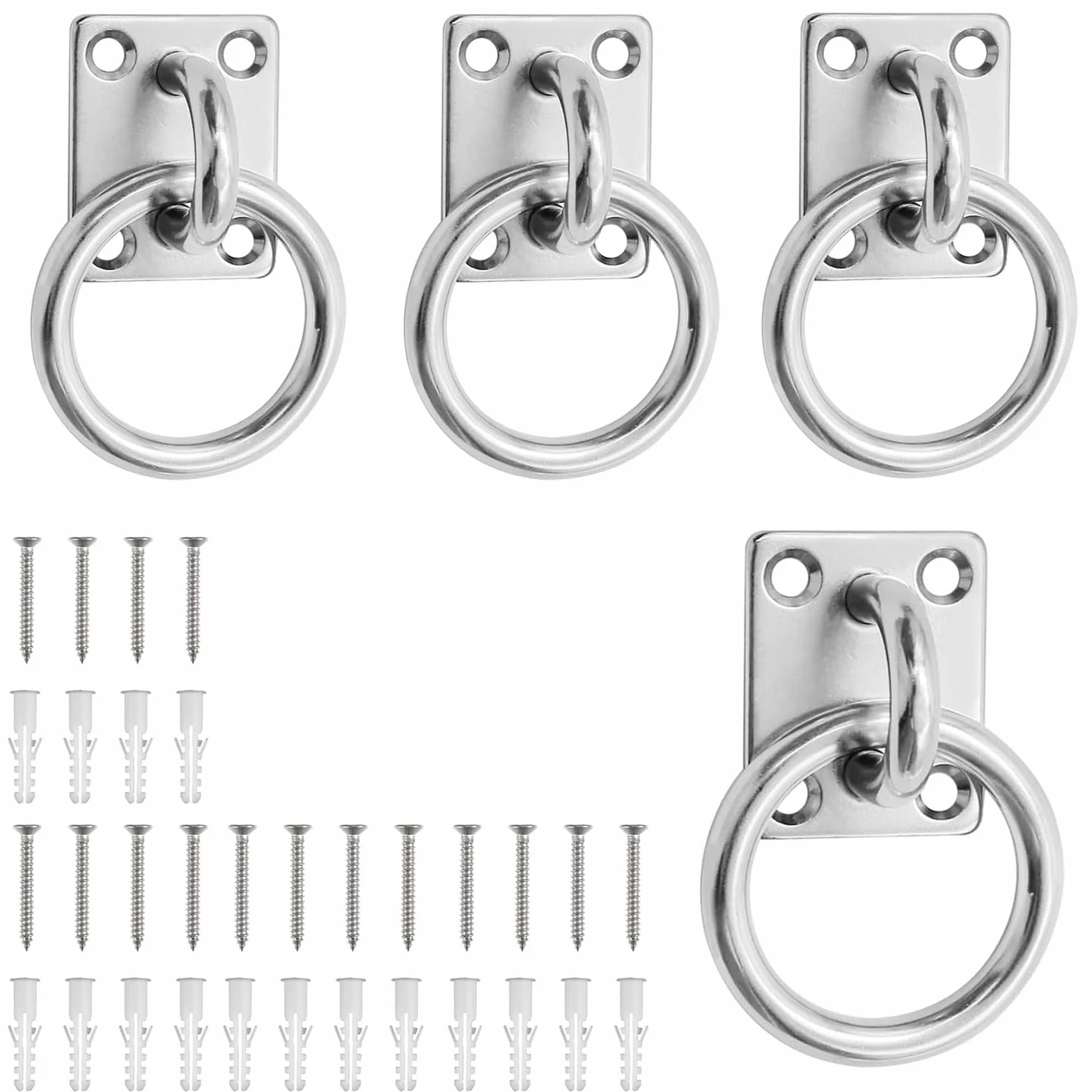 PARFCO Ganchos Anclaje Pared, 4 Piezas 304 Acero INOX Anillo para Atar Caballos, Ojal 5 mm, Cuadrado Argollas para Pared, con Tornillos y Tubo Expansión, para Columnas Madera, Paredes, Techos