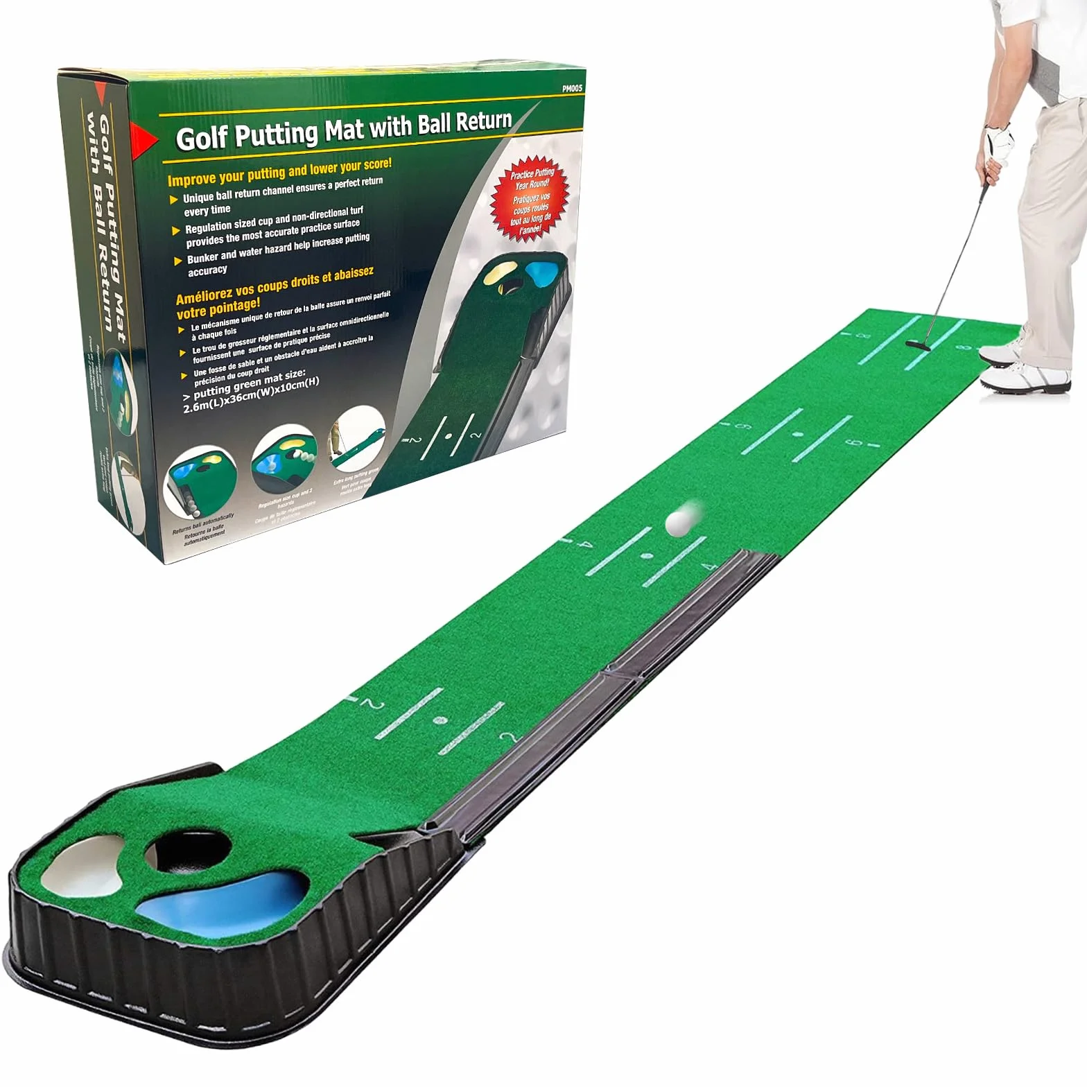 Juego de tapete de golf para interiores verde con bola automática y 3 agujeros ayuda de entrenamiento práctica