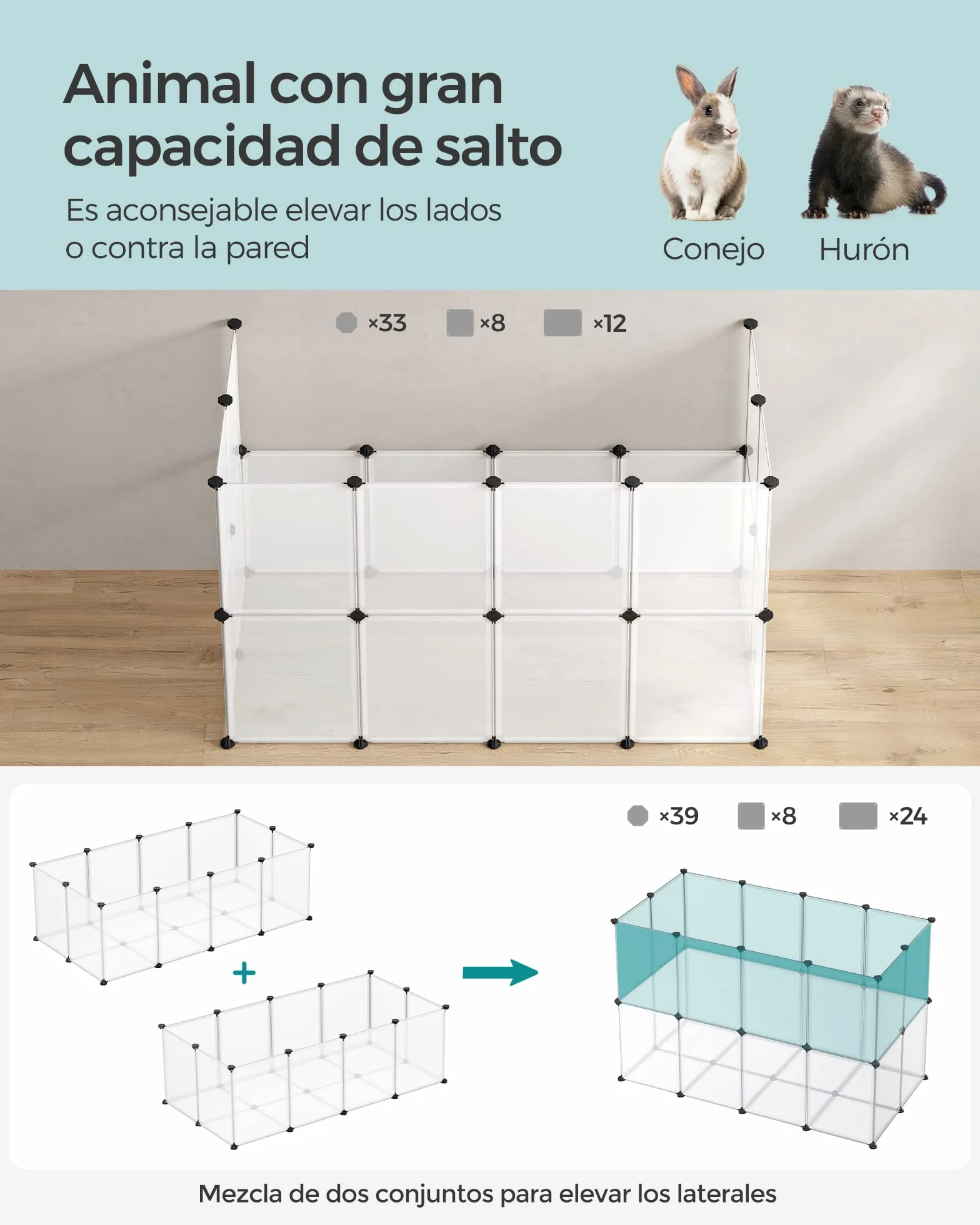 SONGMICS Valla para Mascotas, Parque para Cobayas con Suelo, Recinto Interior de Plástico Transparente para Hámsters, Conejos, Erizos, para Animales Pequeños, 143 x 73 x 46 cm, Blanco LPC02W
