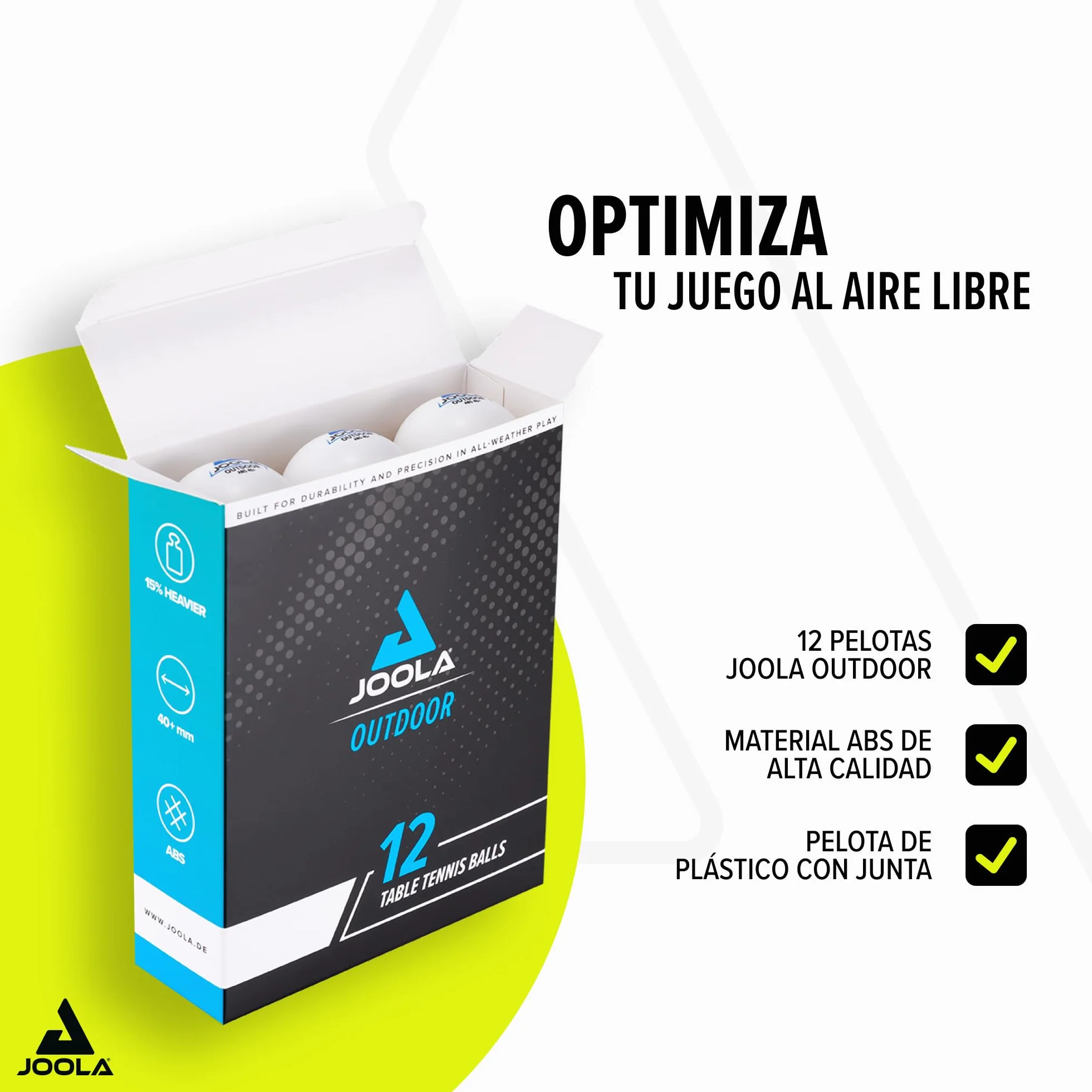 JOOLA Pelotas de Tenis de Mesa para Exteriores 40+ mm Resistentes a la Intemperie Paquete de 12 Unidades Blanco