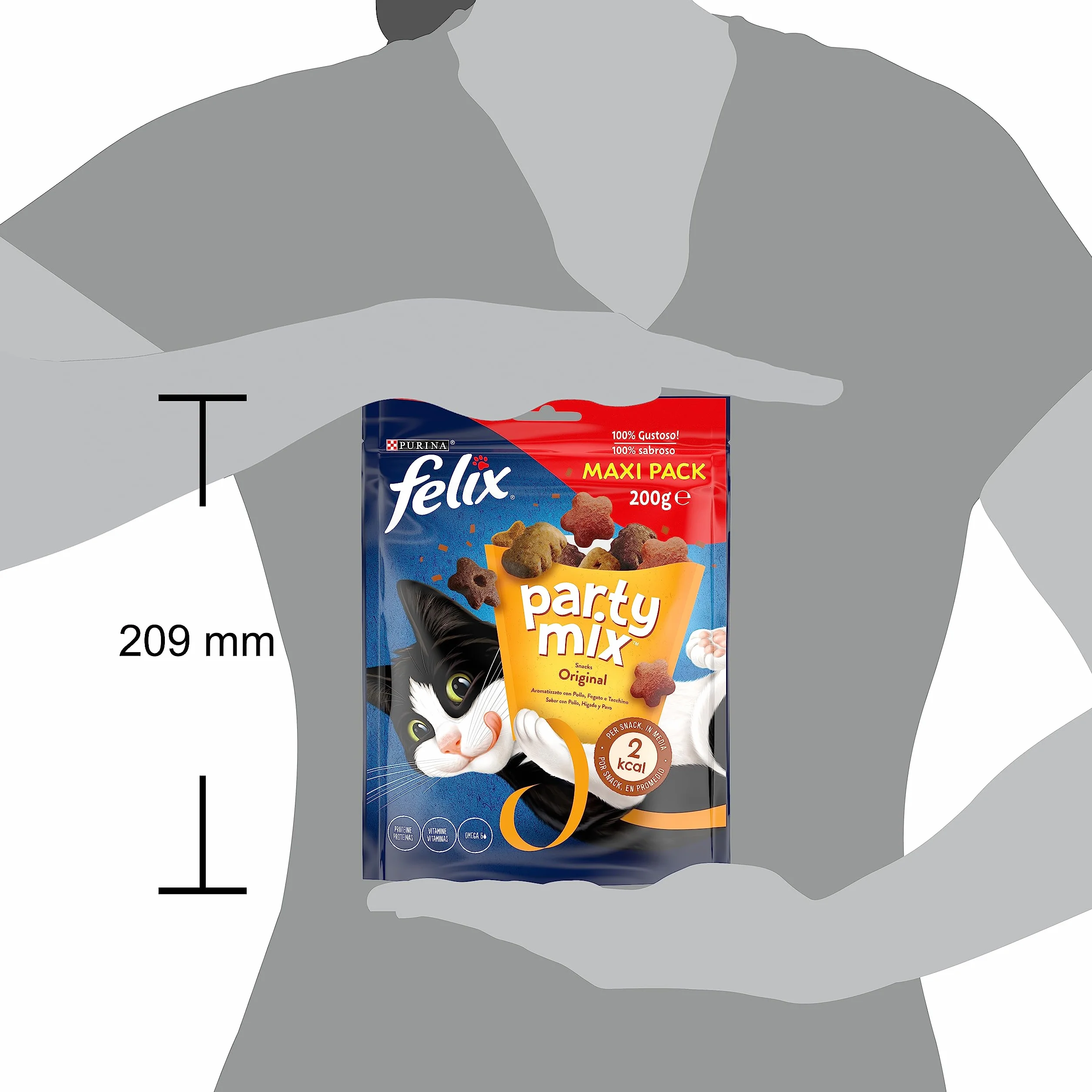 Purina Felix Party Mix Original, Snack para Gato Adulto, Premio para Gato con Pollo, Higado y Pavo, Pack de 5 Bolsas de 200g