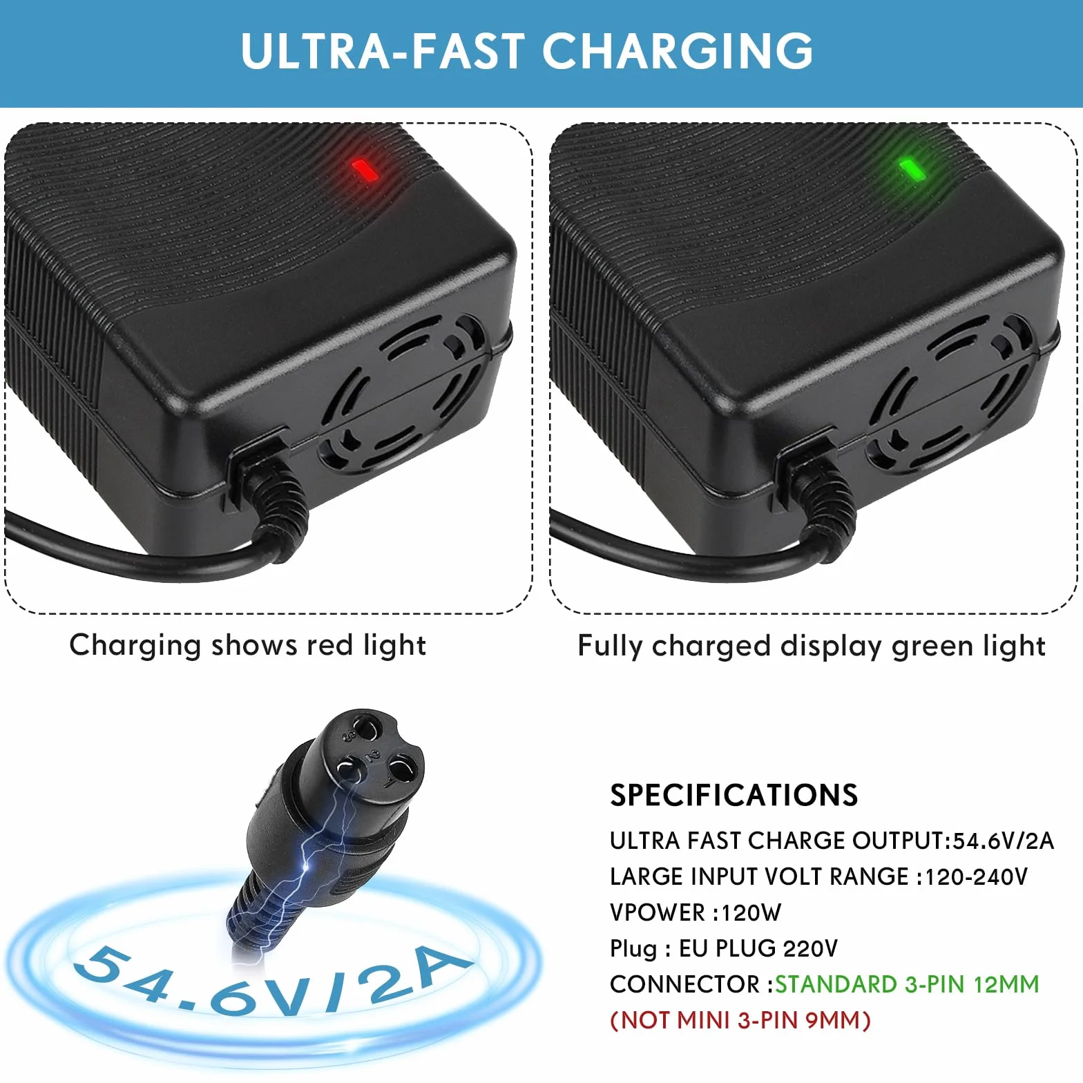 Cargador Patinete Electrico Kugoo M4 M4Pro UrbanGlide E-Cross Pro Hitway H5 H5Pro Smartgyro Speedway 54,6V 2A 48V 12mm-3pin