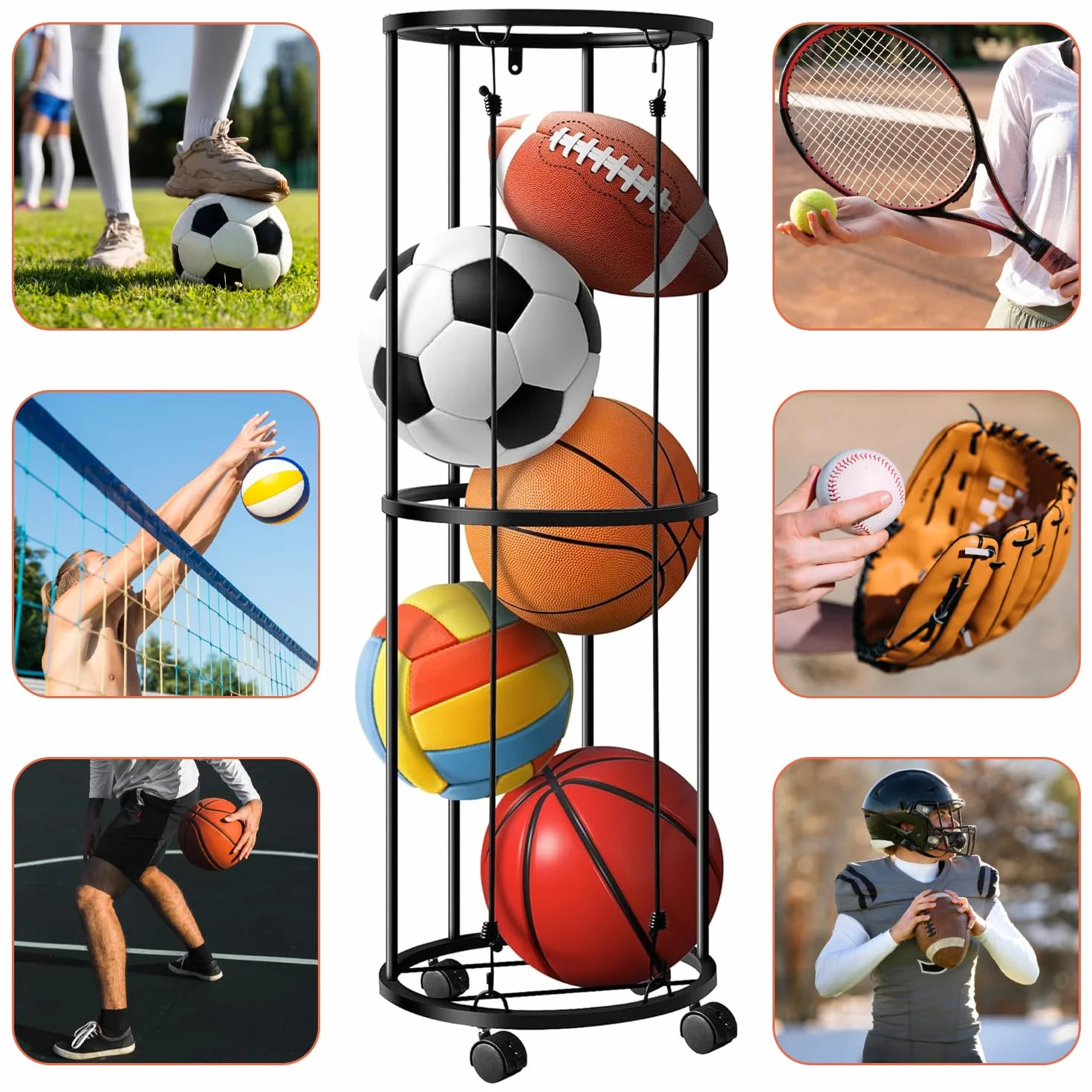 Soporte vertical para pelotas con ruedas, jaula de almacenamiento montada en la pared, estantería para baloncesto, fútbol y voleibol