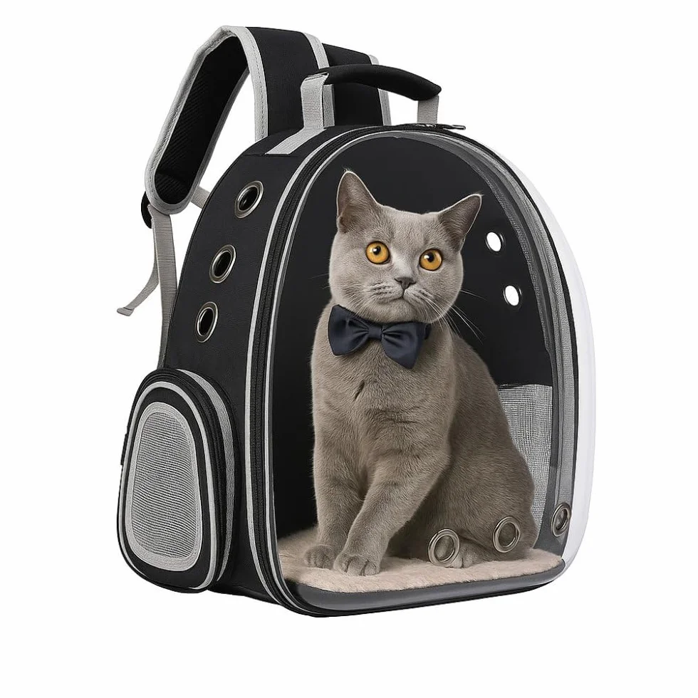 Mochila para Mascotas con Cápsula Transparente, Transportín Portátil para Gatos y Perros Pequeños, Pets, Ventilación Múltiple, Diseño Ergonómico, Mochila Negra