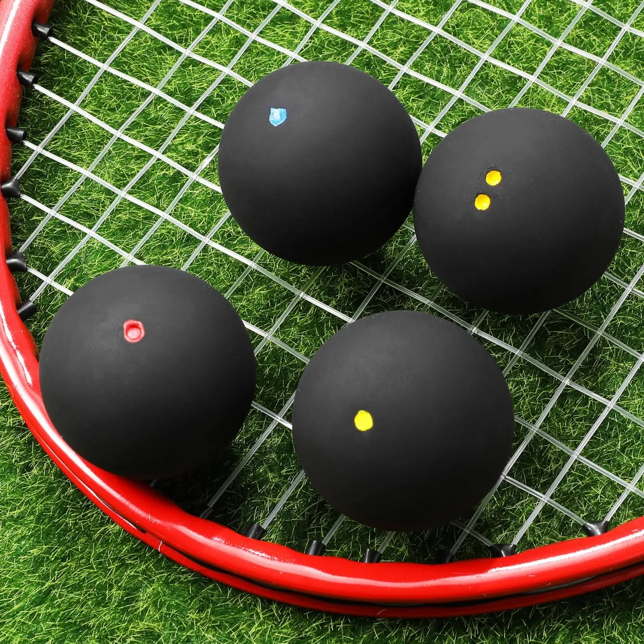 UKCOCO Pelotas de Squash 4 Piezas Alto Rebote Punto Rojo Azul Amarillo Competición 4 Niveles Velocidad