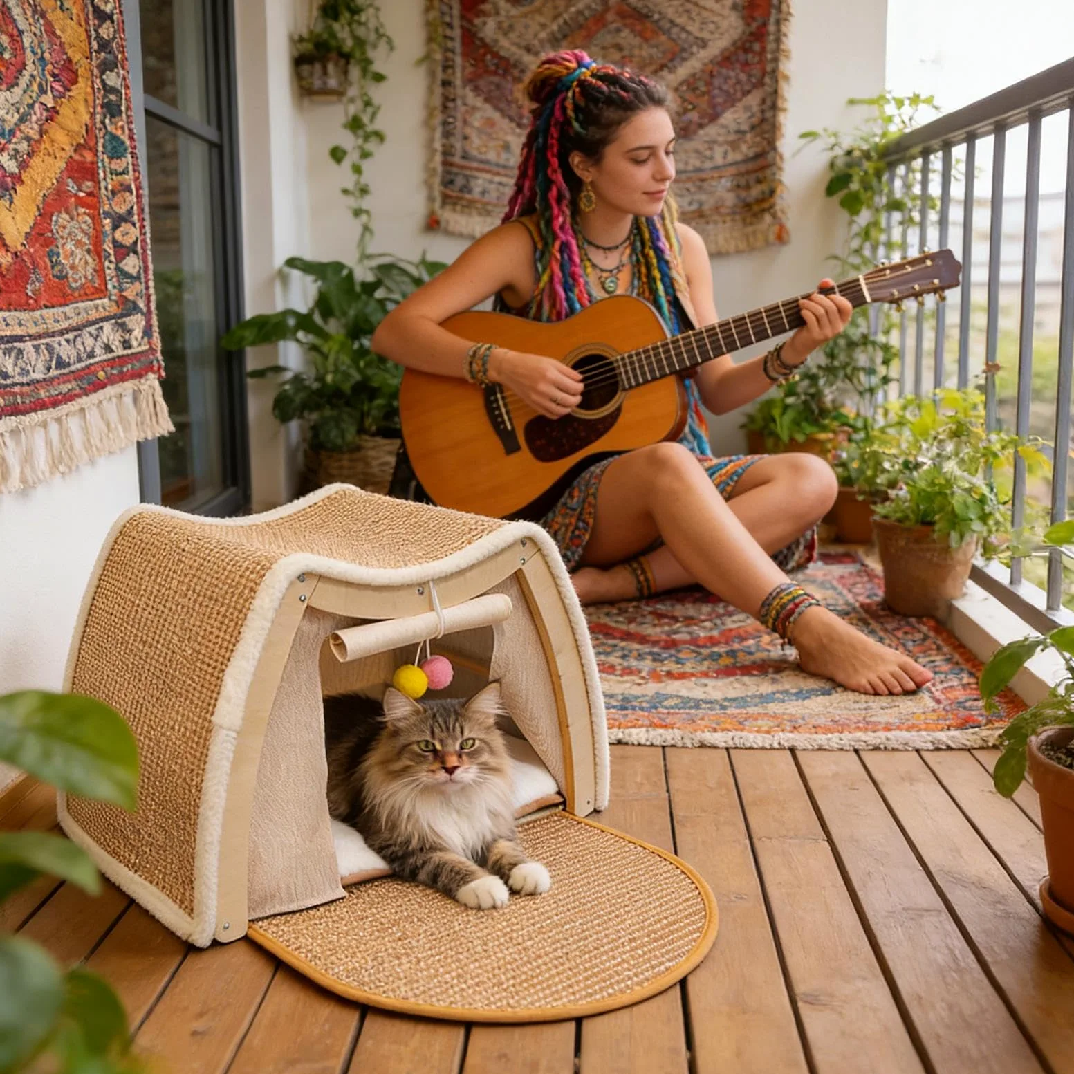 Tienda Cama Gatos Casa de Descanso y Juego con Rascador de Sisal | Villa Cálida De Gatos En Invierno en Interior del Hogar Dormitorio Habitación de Mascotas Suelo Invierno