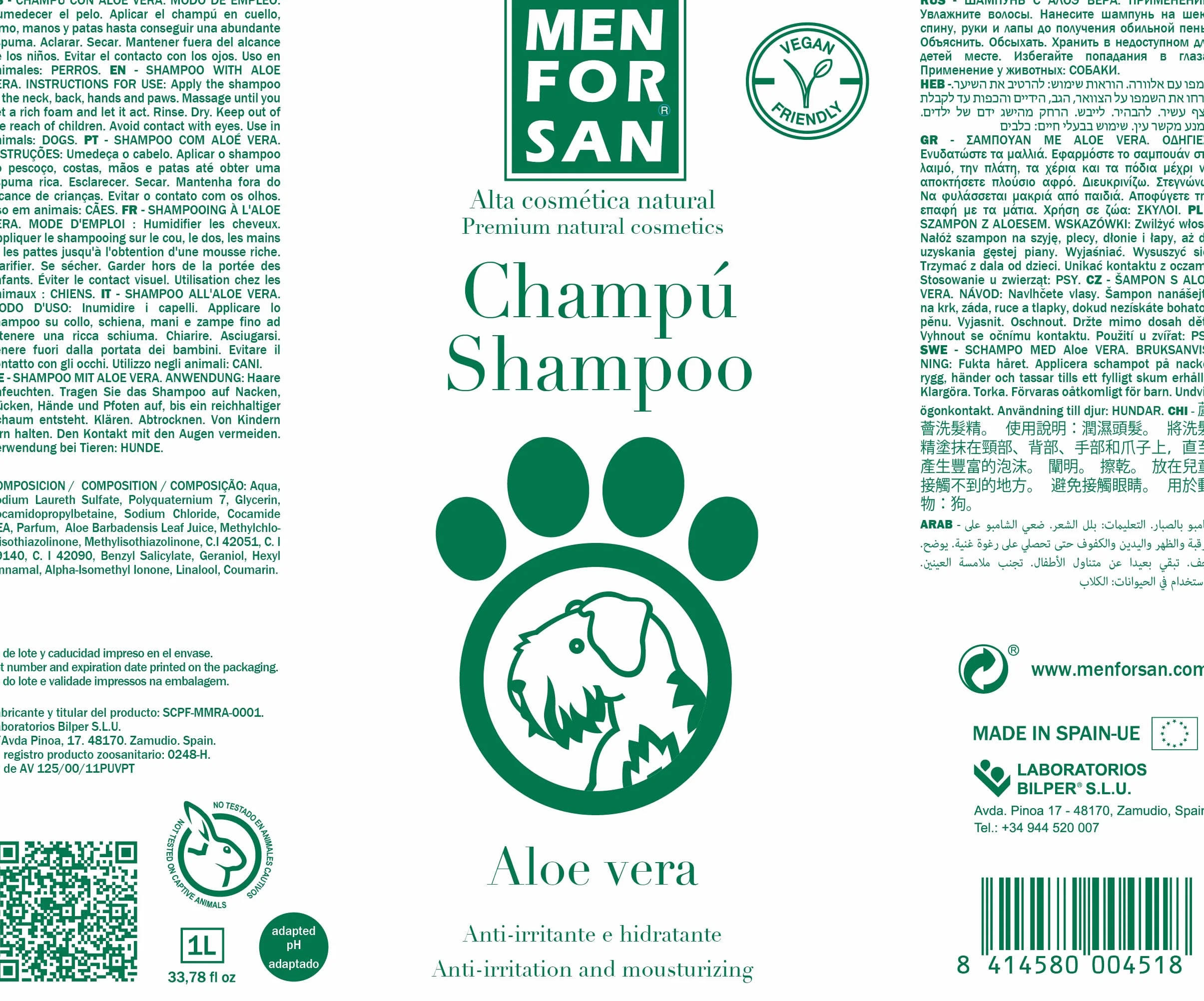 MENFORSAN Champú Aloe Vera para Perros | Hidrata en profundidad | Acción Anti Irritaciones y Anti Eczemas | 100% Natural | Herbácea | 1L
