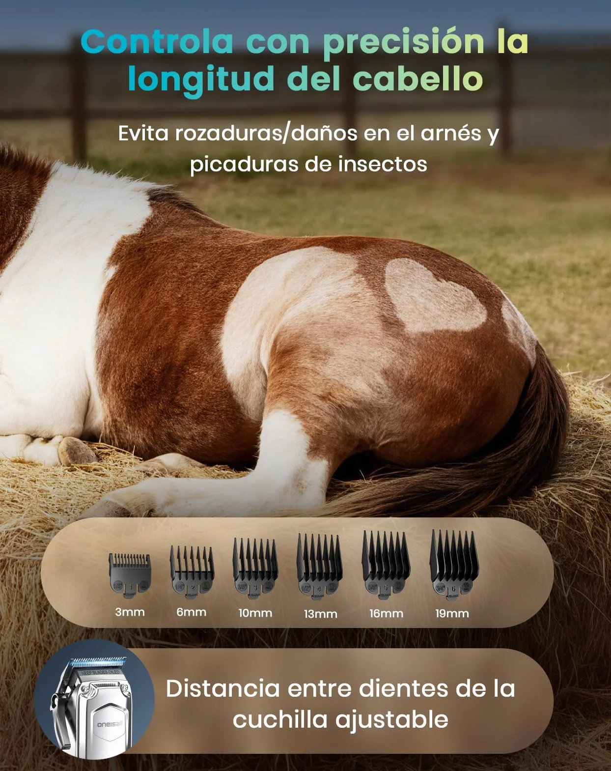 Oneisall Máquina Cortapelo para Caballos Inalámbrica 6 Accesorios Cuchilla Acero Extraíble Silenciosa Pelaje Grueso 4h Autonomía