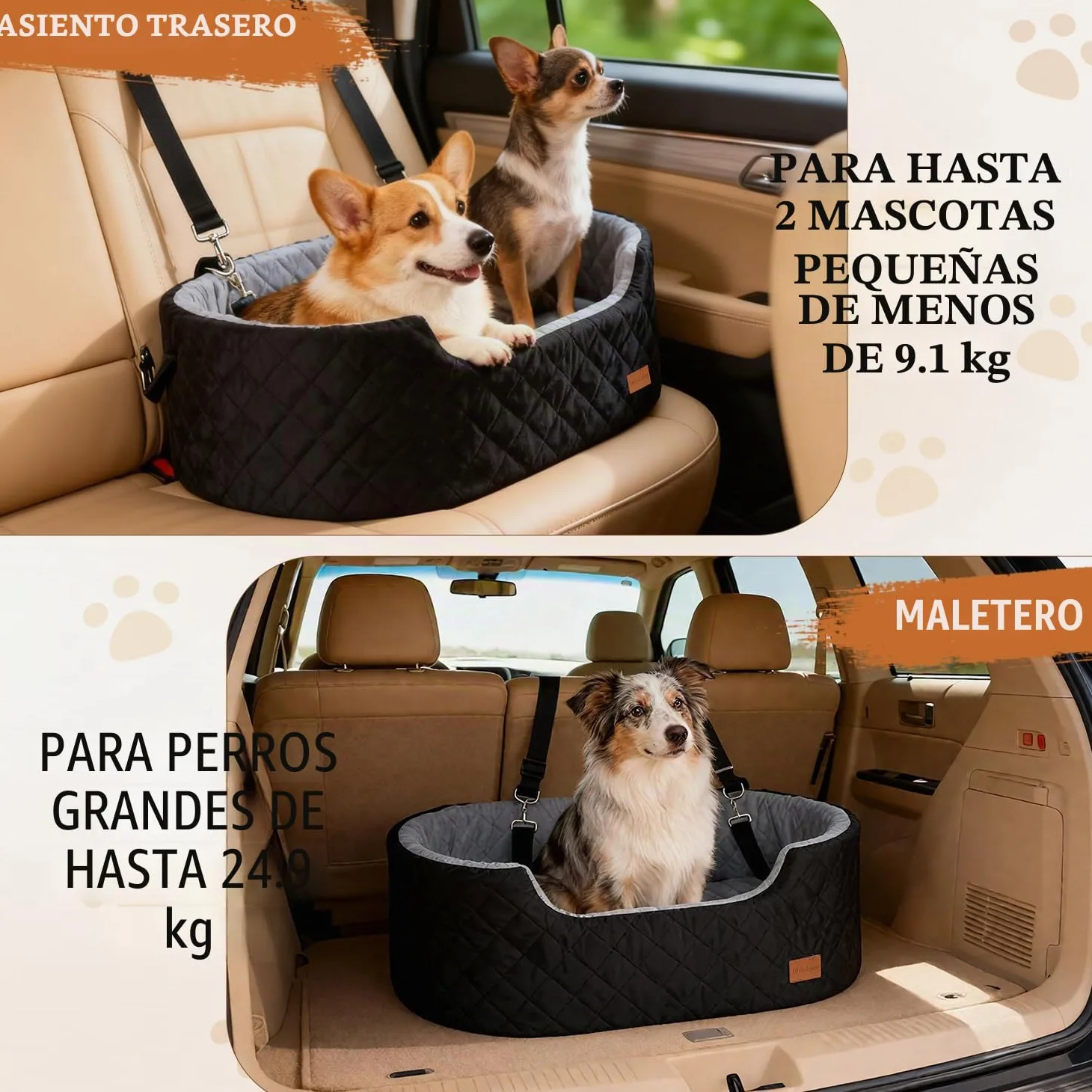Asiento de Coche de 10 cm de Altura para Perros de Menos de 25 kg | Cojín de 70 x 42 x 10 cm, 2 correas de seguridad, asiento para coche para perros con funda extraíble y lavable