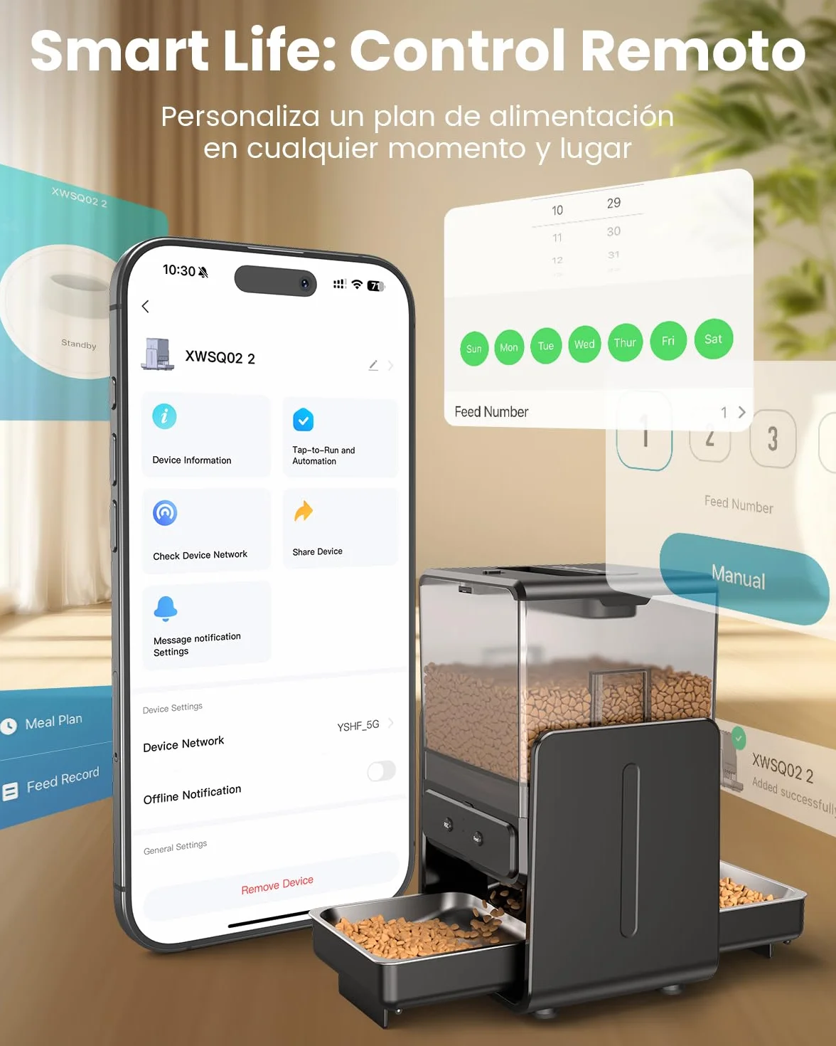 Comedero Gato Automatico con Control App para 2 Gatos, Altura Ajustable para Mascotas Pequeñas, Dispensador Comida Gatos de 5 litros para Alimento Seco, Grabadora de Voz