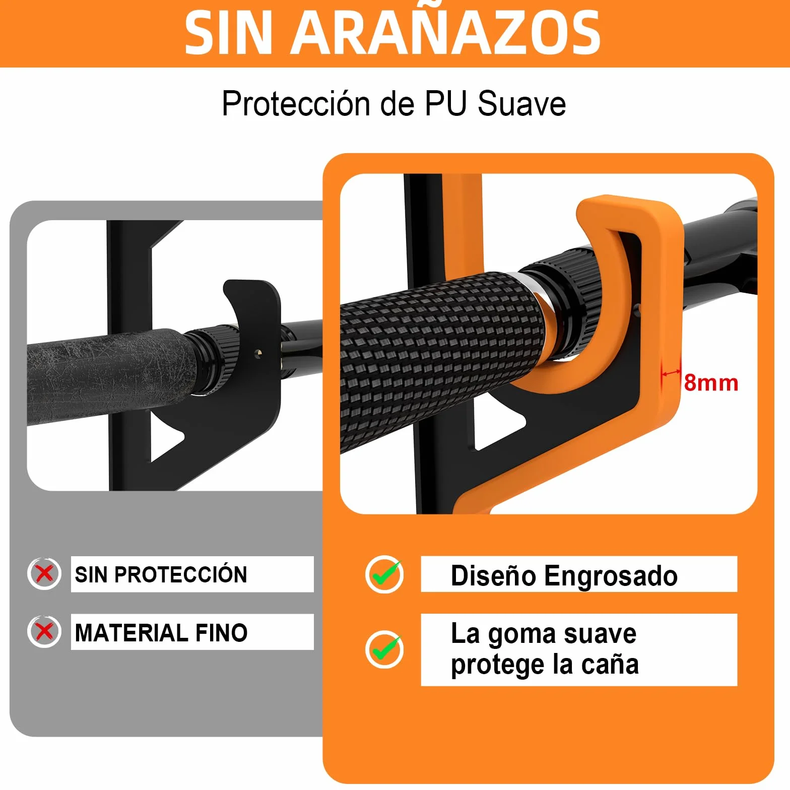 Soporte Cañas Pescar Pared Techo, Organizador Horizontal 5 Cañas, Porta Cañas Pescar Garage Goma PU, Estante Antiarañazos Negro Amarillo
