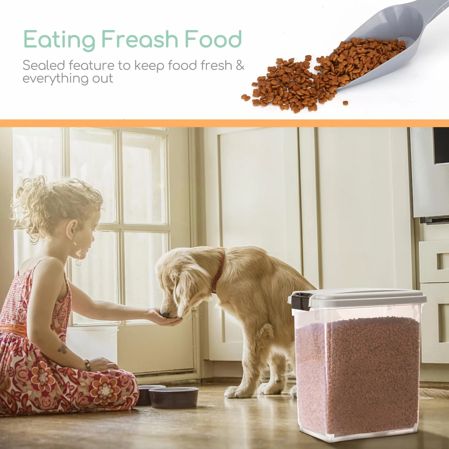 Nobleza - Contenedor de Comida para Mascotas 20L， Mascotas Caja de Alimentos con Ruedas Contenedor， Tapa abatible， hermética， Transparente， Ruedas y Pala， para Comida para Perros y Gatos， Gris