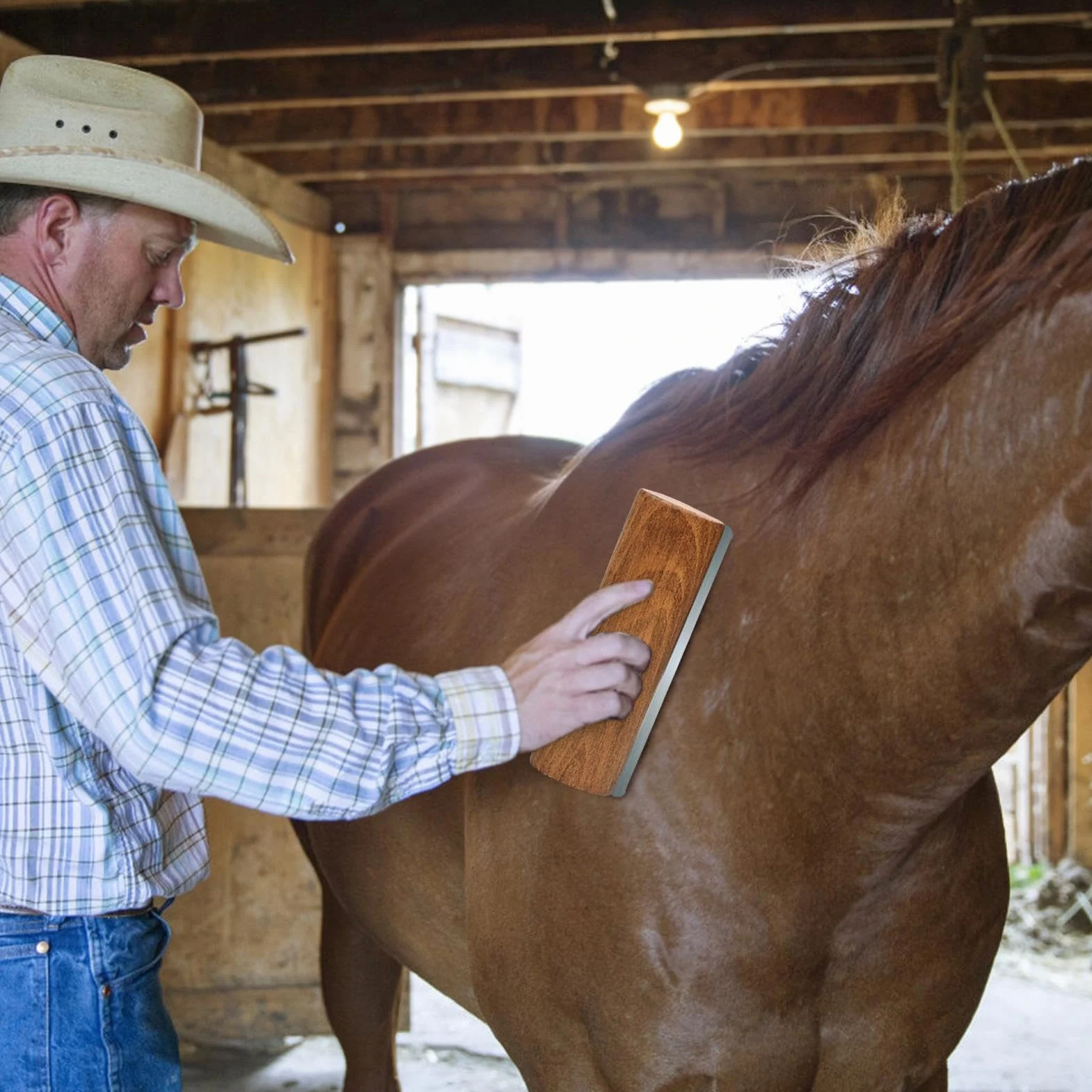 Cepillo para pelar caballos, mango de madera, tira de dientes de acero inoxidable para caballos, cepillo de lavado de aseo de caballos, herramienta de aseo para desenredar, removedor de pelo de