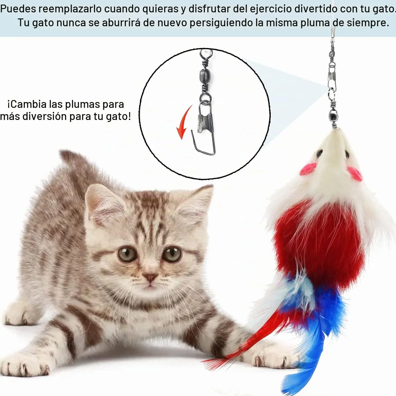 9 Piezas Juguete Plumas Gato,Juguetes para Gatos Caña Gato,1 Varita Retráctil,con 8 Repuestos de Plumas, Pájaros y Ratones