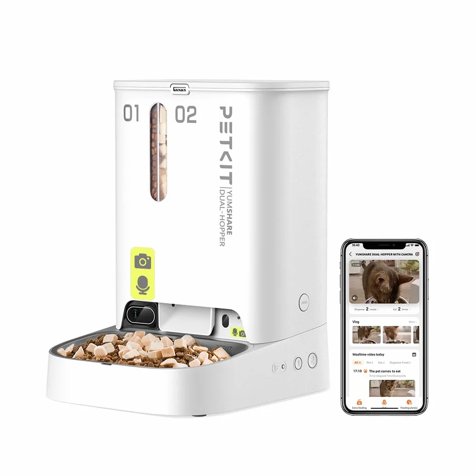 PETKIT Comedero Gato Automatico con Cámara, 5L Doble Tolva Dispensador Comida Gatos/Perros, 1080P HG, Función AI, 2.4G WiFi, Audio Bidireccional, App Control, Cuenco de Acero Inoxidable