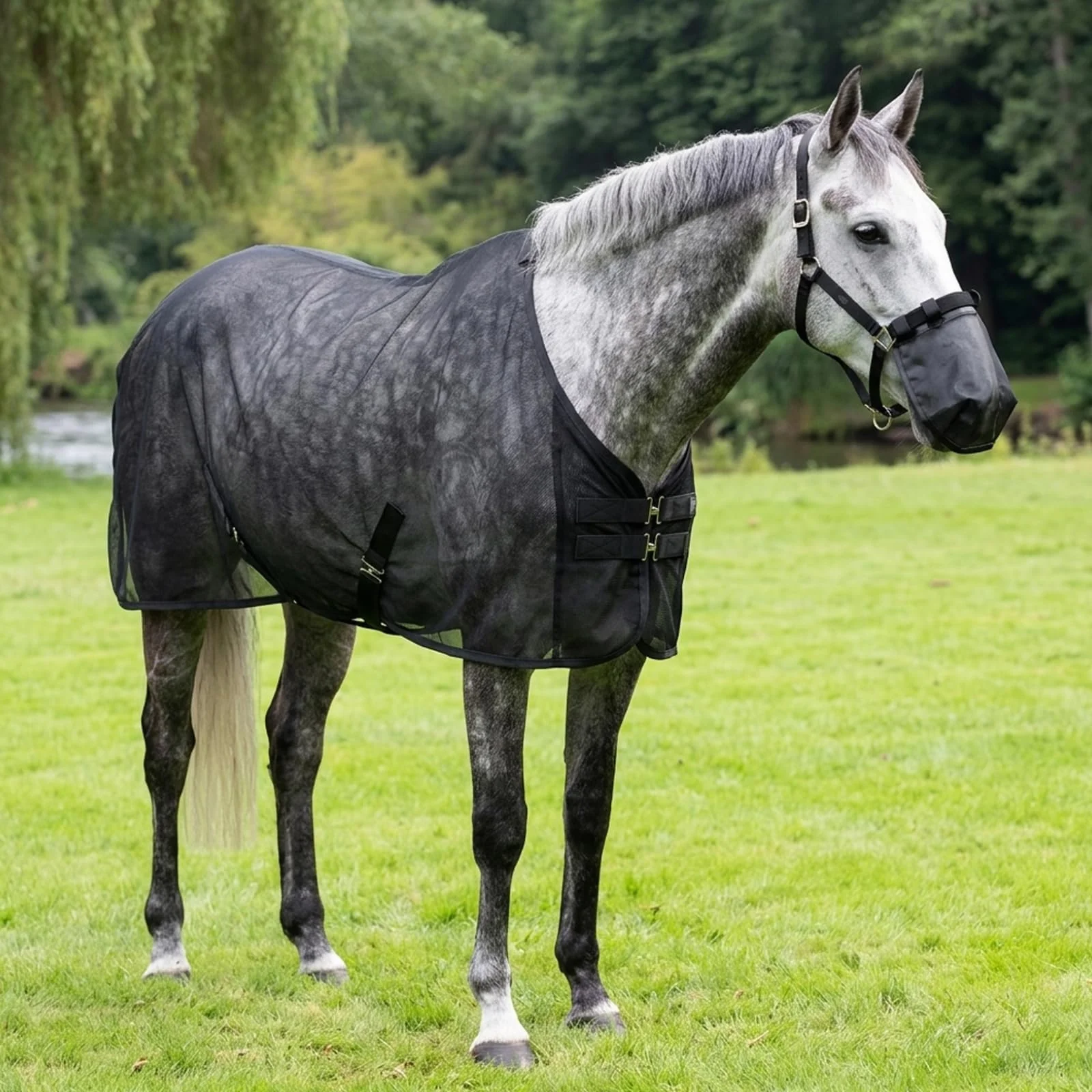 Sábana antimoscas de Malla Ajustable con Cubierta para la Nariz Protección Transpirable contra Insectos de Verano para pastos y mosquiteras para Caballos, Negro, 187 cm/73, 62 Pulgadas, Sábana para