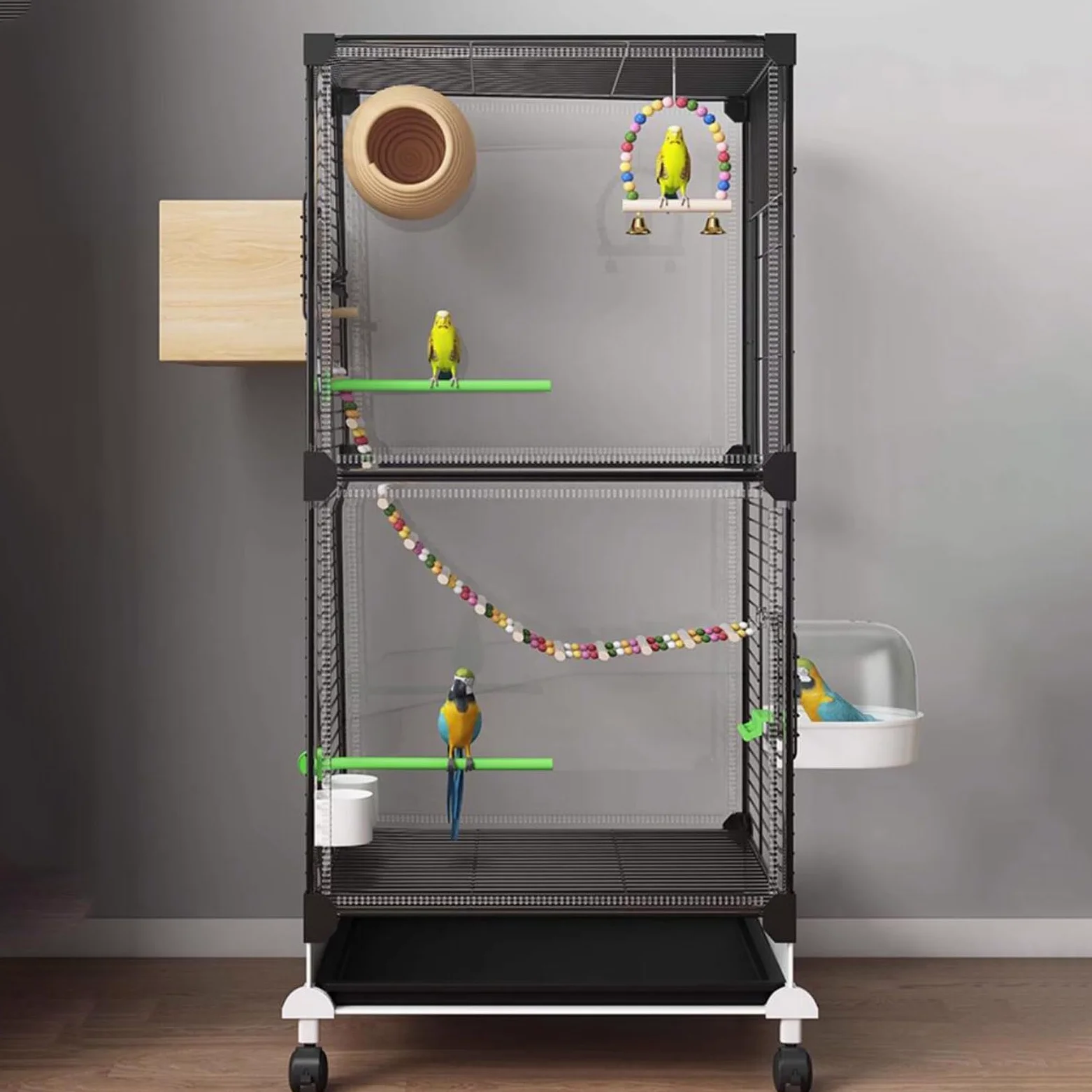 Jaula para pájaros, jaula para loros, jaula de periquitos movible de 2 niveles con ruedas, jaulas extragrandes para pájaros con casa de pájaros para loros, conuros, periquitos de cacatúas
