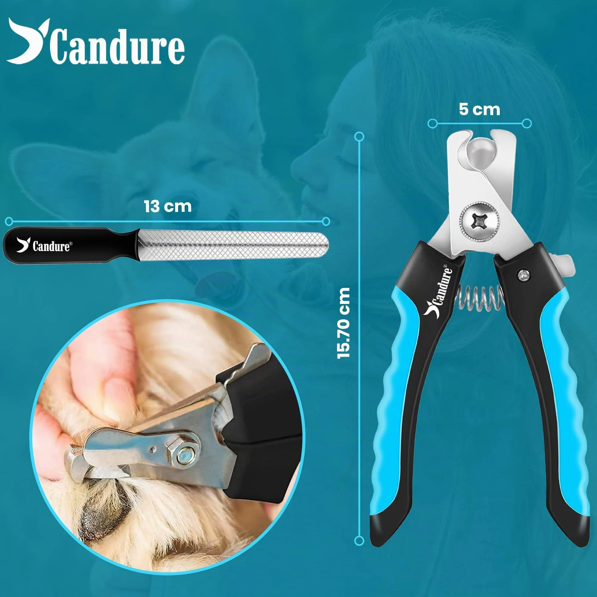Candure Cortauñas para Perro y Gato con Mascota Protector de Seguridad - Acero Inoxidable Alicates Uñas Profesionales para Mascotas Perros, Gatos, Conejas y Veterinaria Utilizar 6" Pulgadas