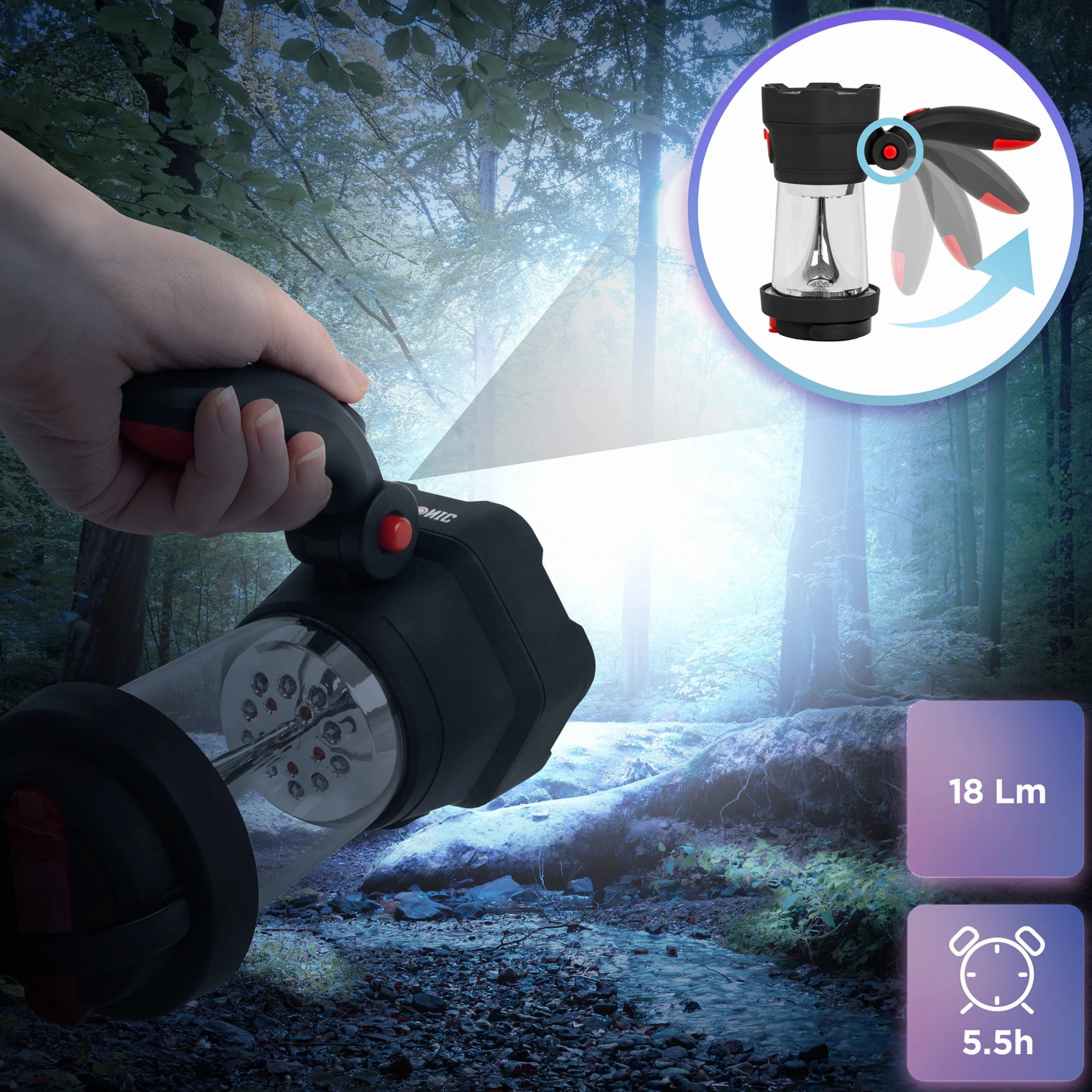 Duronic Hurricane Linterna con dinamo y USB 10 LED señal de emergencia rojo intermitente para camping