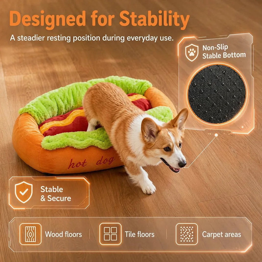Cama Hot Dog para Perro Salchicha, Sofá de Peluche en Forma de Pan para Perros Pequeños y Gatos, Colchoneta Extraíble Lavable y Base Antideslizante (Hot Dog Bed,XL)