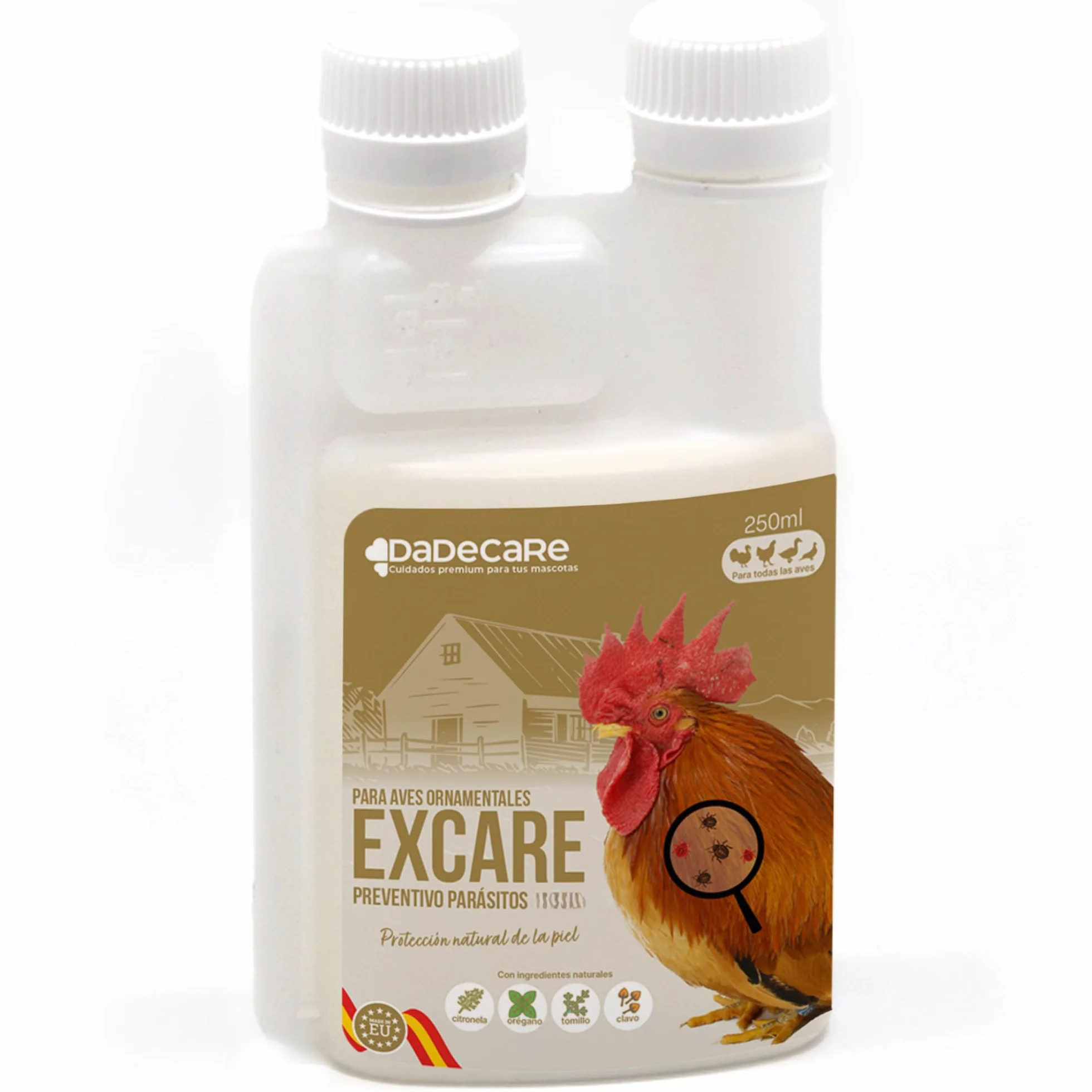 Preventivo Parasitos Natural 250 ml - Gallinas, Aves de Corral y Exóticas - Extracto de Citronela y Clavo - Fórmula Natural - Excare