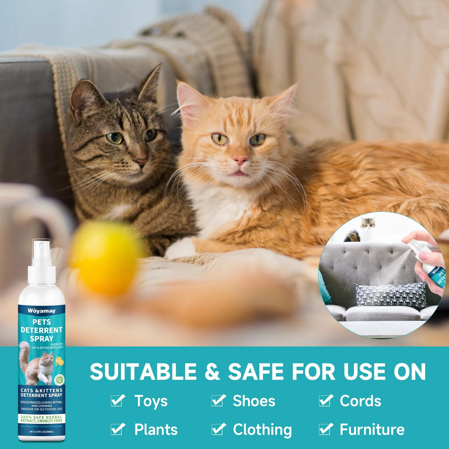 Woyamay Spray Antiarañazos Gatos, Spray Repelente Gatos en Interiores y Exteriores, Spray Ahuyentador de Gatos Que Rascan, Mantiene a Las Mascotas Fuera de Las Áreas De Acceso, Protege Muebles, 200ml