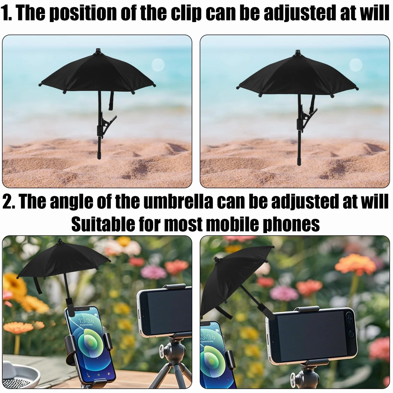 BOXOB Clips de Paraguas para Teléfono Ajustables Parasol Celular Cubre Sombra Proteger Pantalla del Sol Lluvia